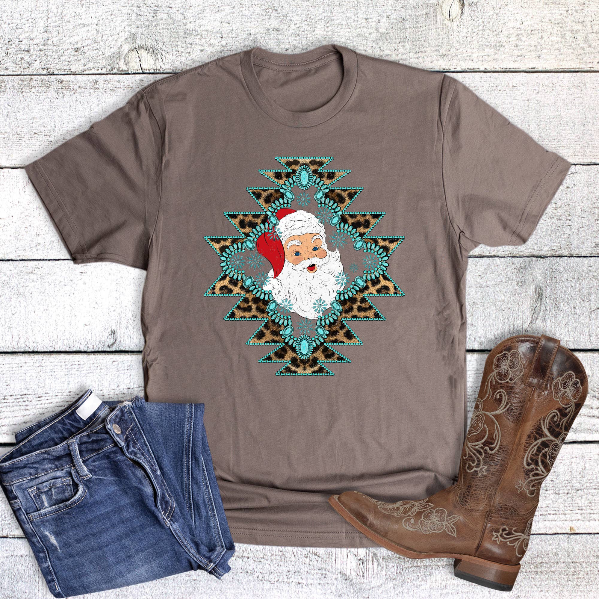 Christmas Western Turquoise Aztec Santa Graphic Tee Hoodie, Sweatshirt | PodTeesHub.com