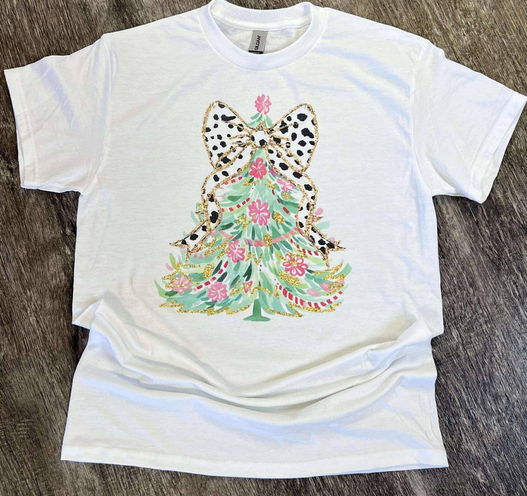 Light Green Christmas Tree with Dalmation Bow On White Tee Hoodie, Sweatshirt | PodTeesHub.com