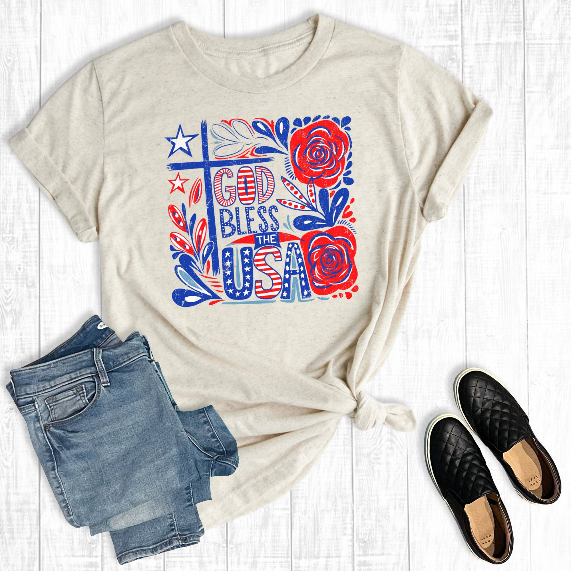 Retro Floral Faith God  Bless the USA Graphic Tee Hoodie, Sweatshirt | PodTeesHub.com
