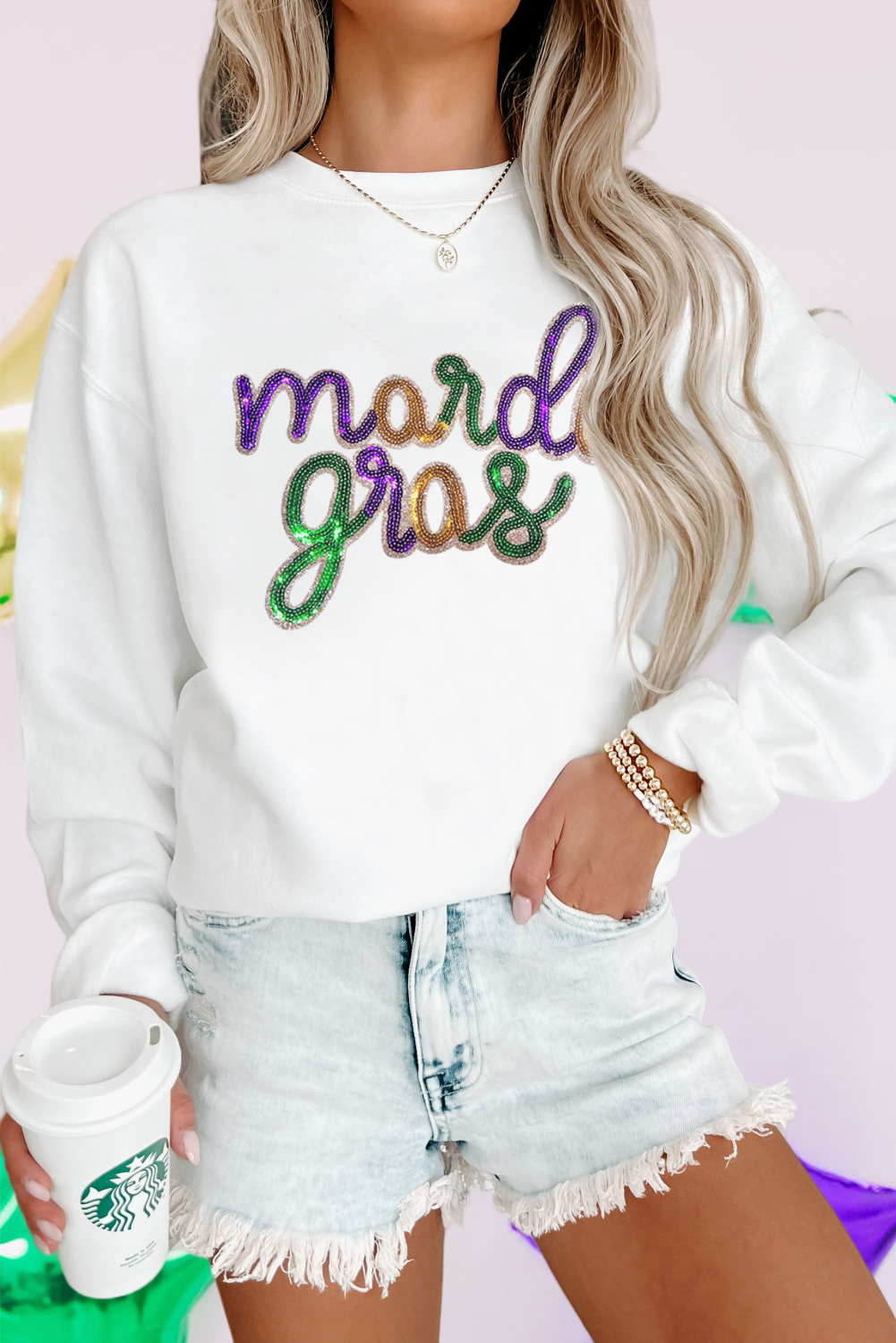 Sequined Mardi Gras Graphic Crew Neck Sweatshirt (S-2XL) T-Shirts, Hoodie | PodTeesHub.com