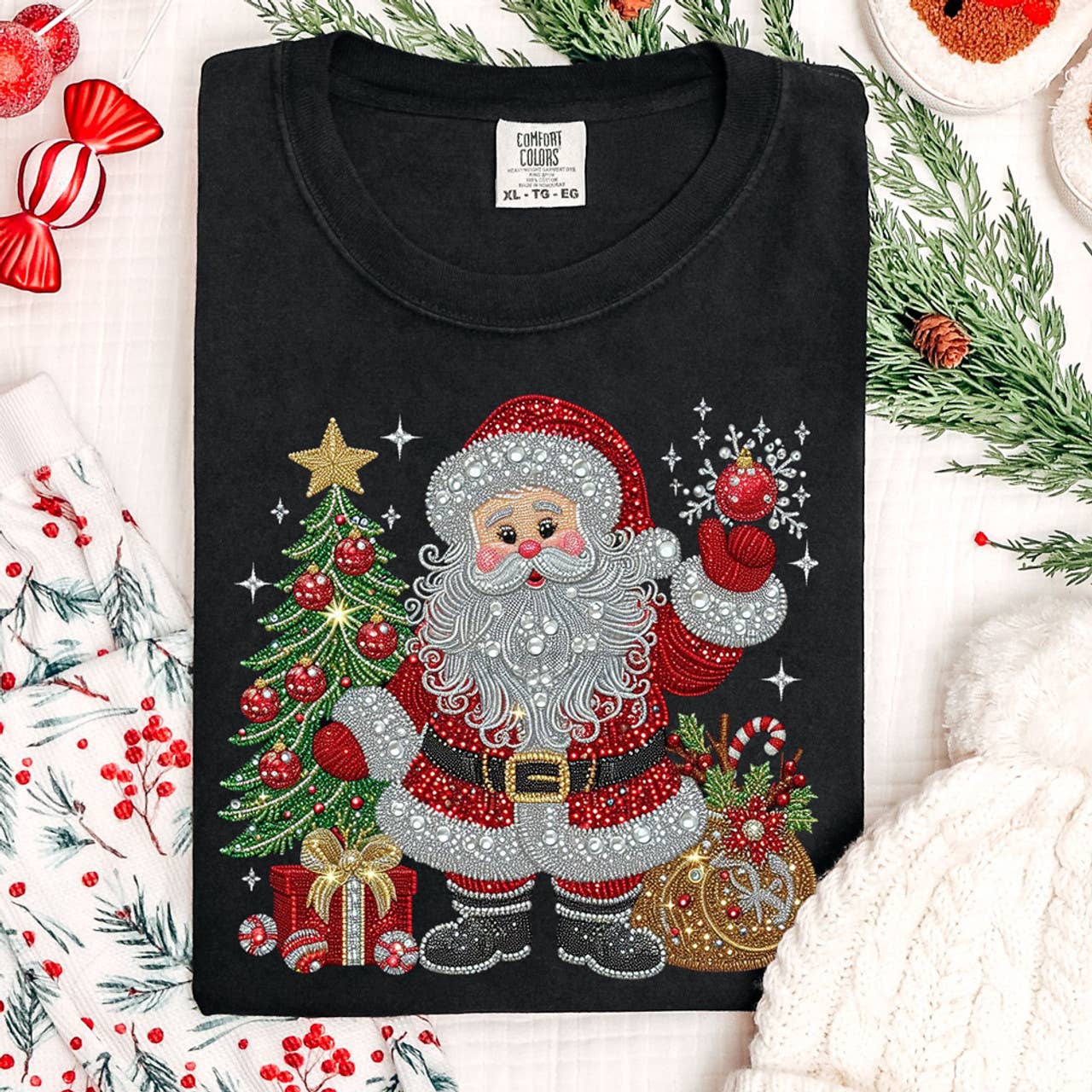 Faux Rhinestone Santa Claus Tee Hoodie, Sweatshirt | PodTeesHub.com