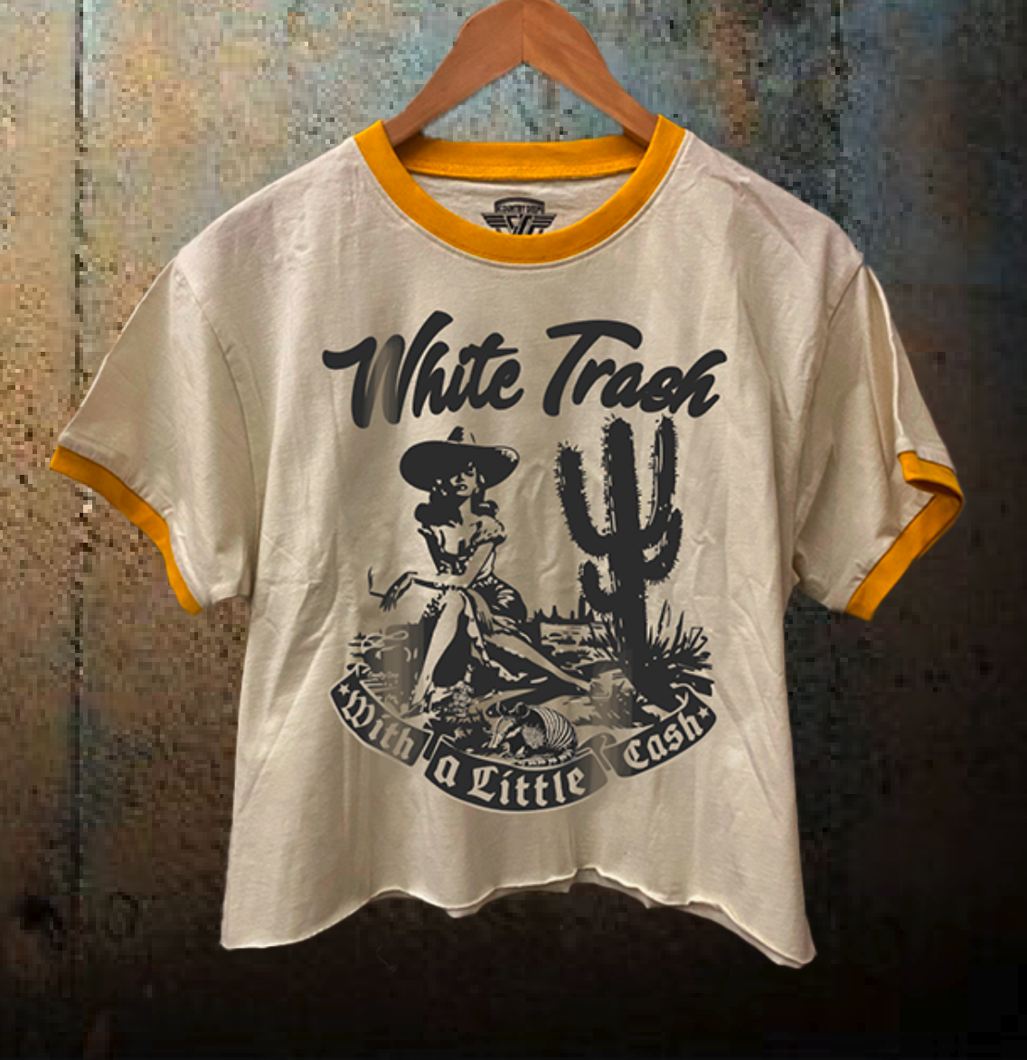 White Trash with A Little Cash Ringer Relaxed Crop Tee Hoodie, Sweatshirt | PodTeesHub.com