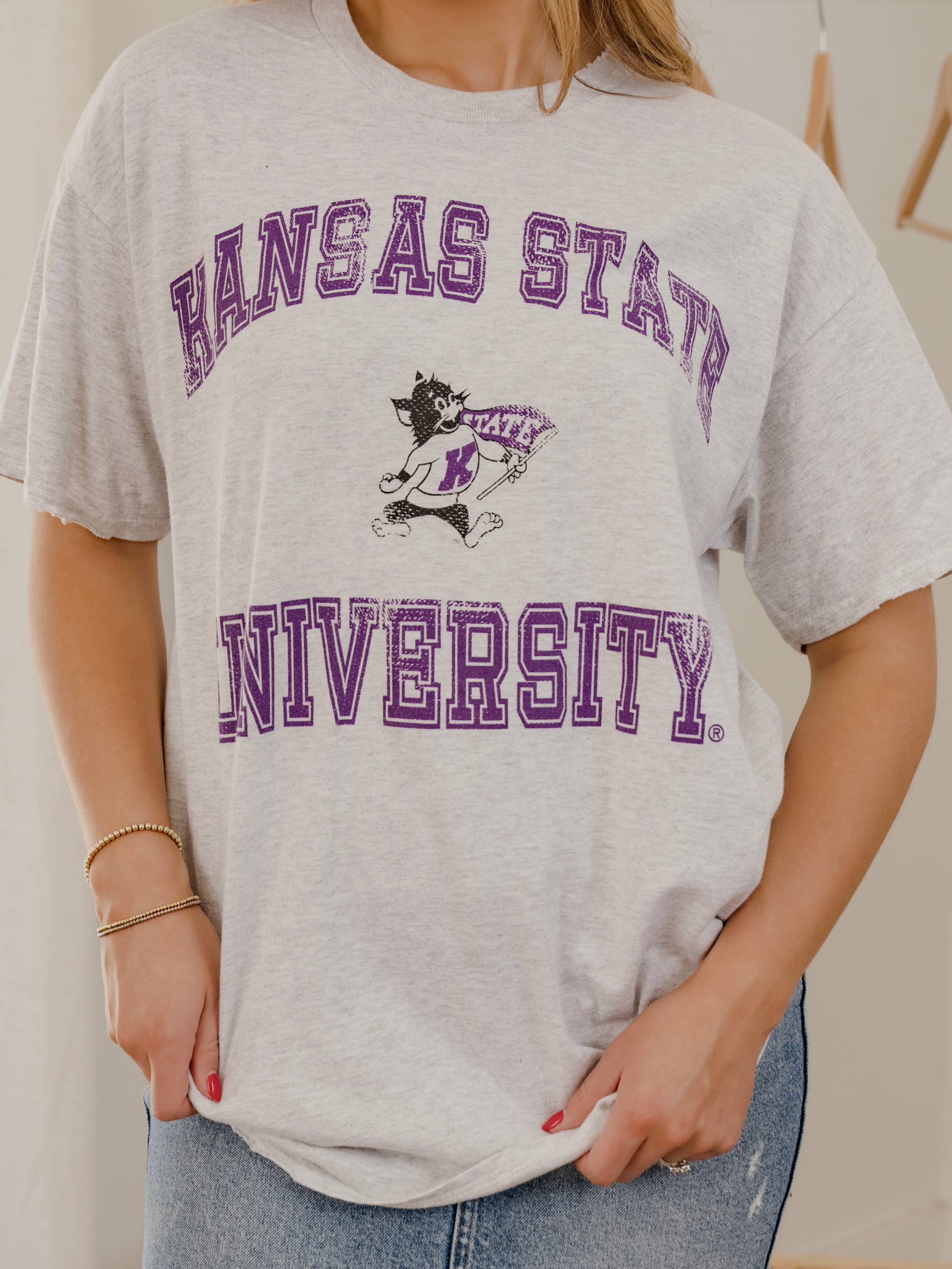 Kansas State Wildcats Vintage Sport Ash Gray Thrifted Tee Hoodie, Sweatshirt | PodTeesHub.com