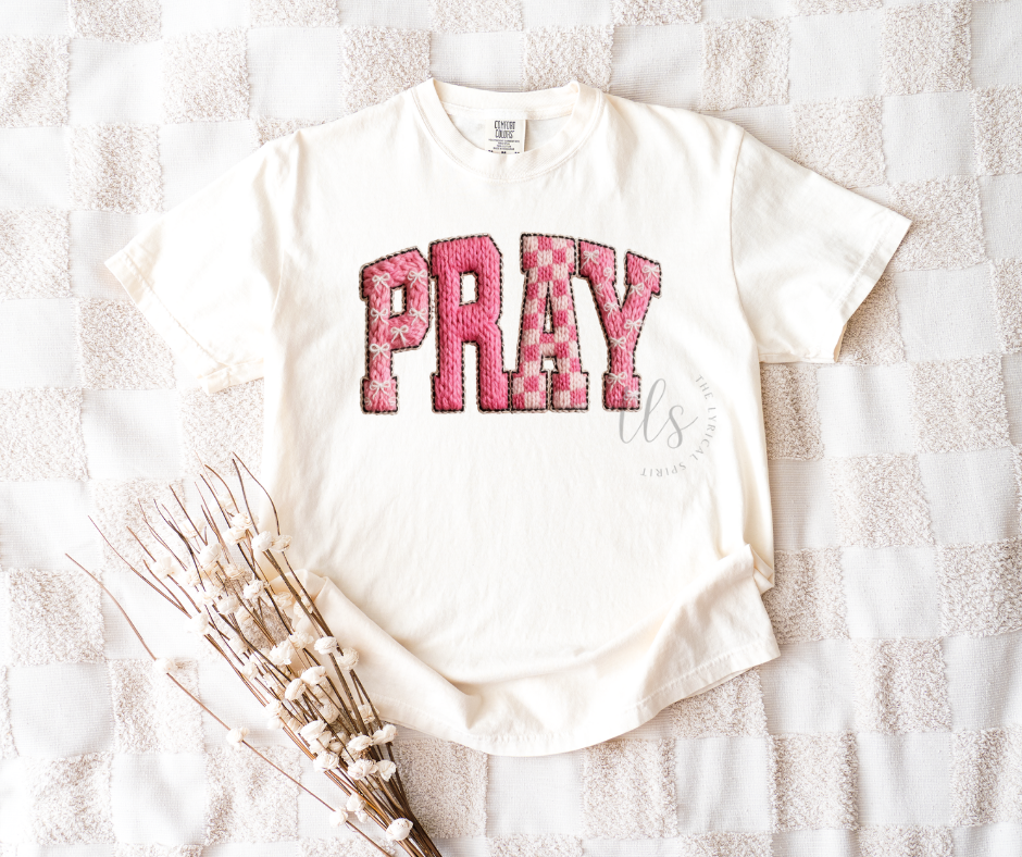 Pray Faux Yarn Patch Comfort Colors T-Shirt Hoodie, Sweatshirt | PodTeesHub.com