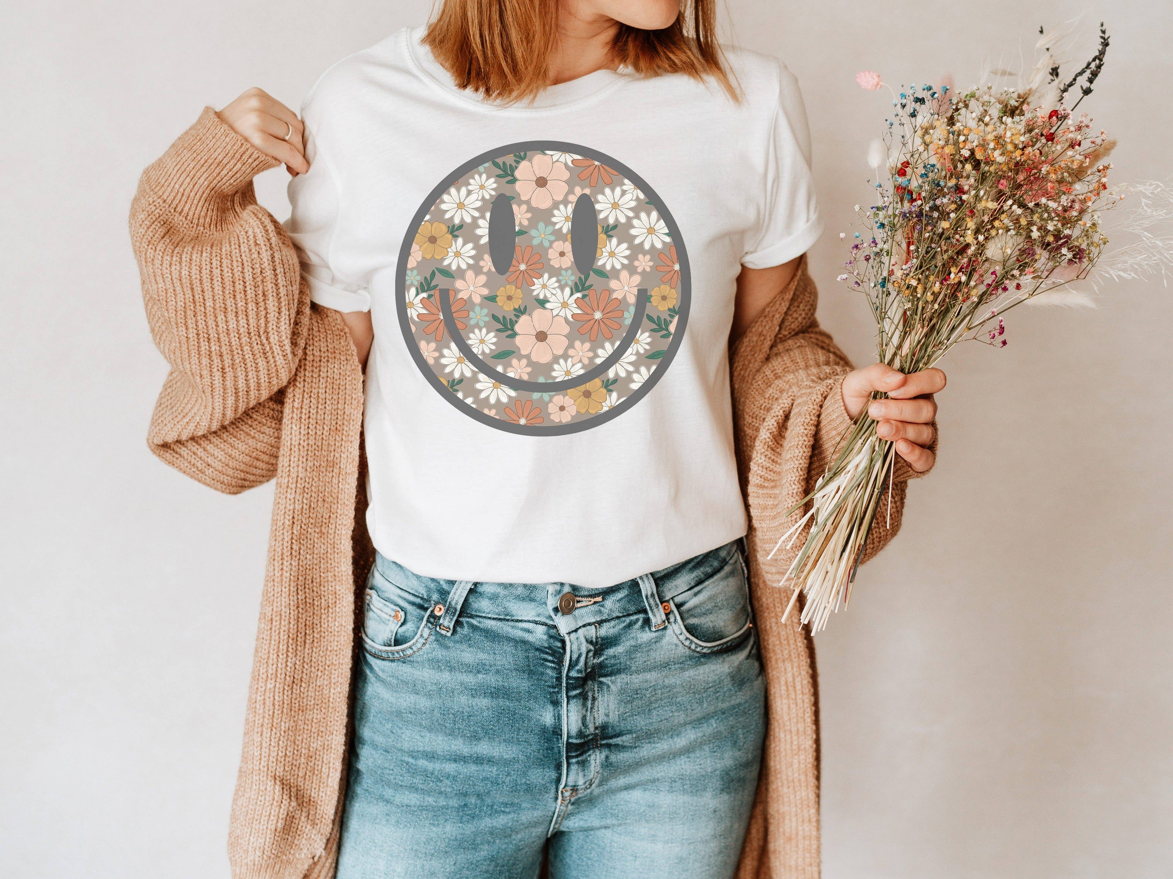 Floral Happy Face Tee | Floral T Shirt Hoodie, Sweatshirt | PodTeesHub.com
