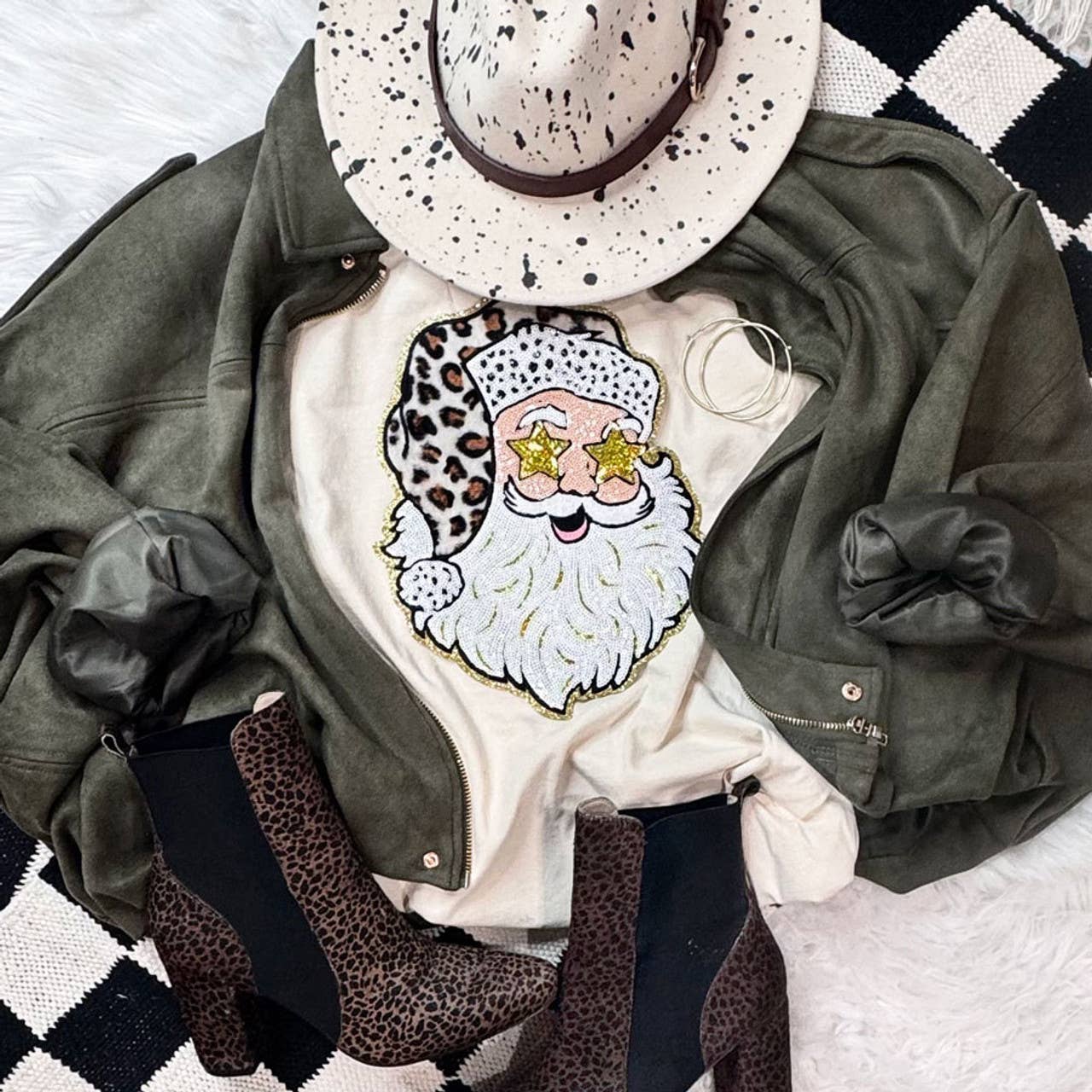 Leopard Santa Sequin Tee Hoodie, Sweatshirt | PodTeesHub.com