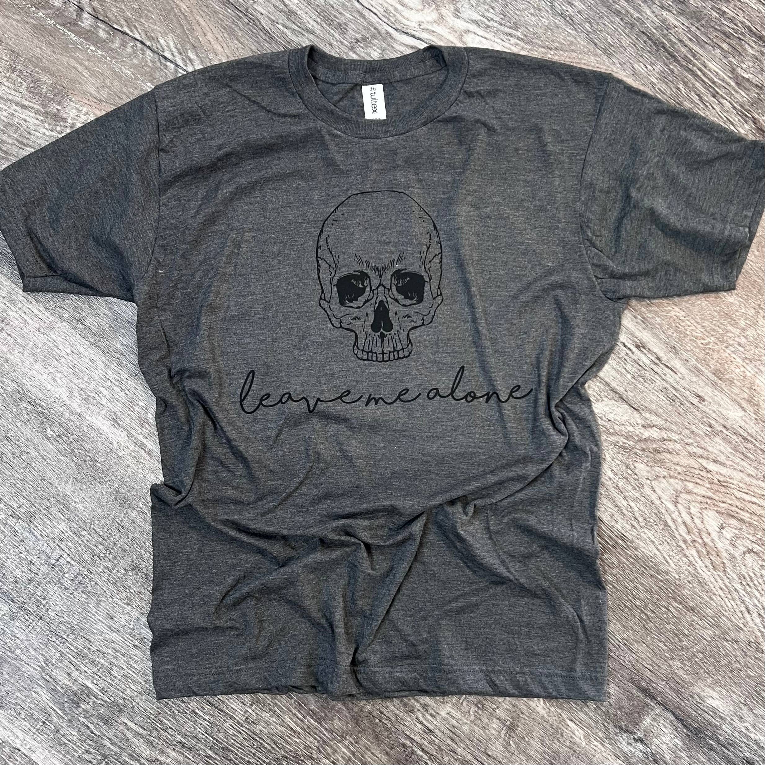 Leave Me Alone Skull On Dark Heather Gray Tee Hoodie, Sweatshirt | PodTeesHub.com