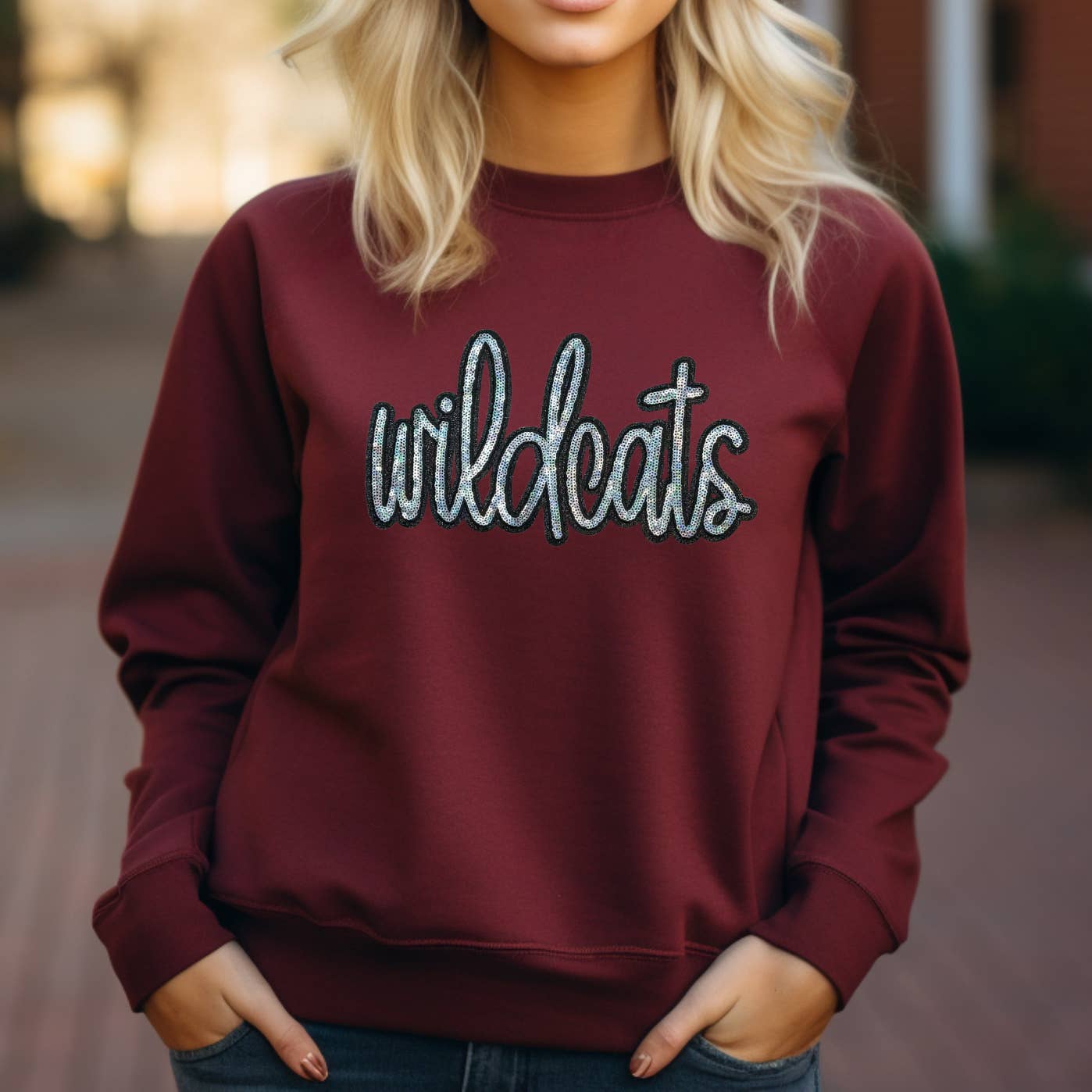Wildcats Sequin Patch Garnet Crewneck Sweatshirt T-Shirts, Hoodie | PodTeesHub.com
