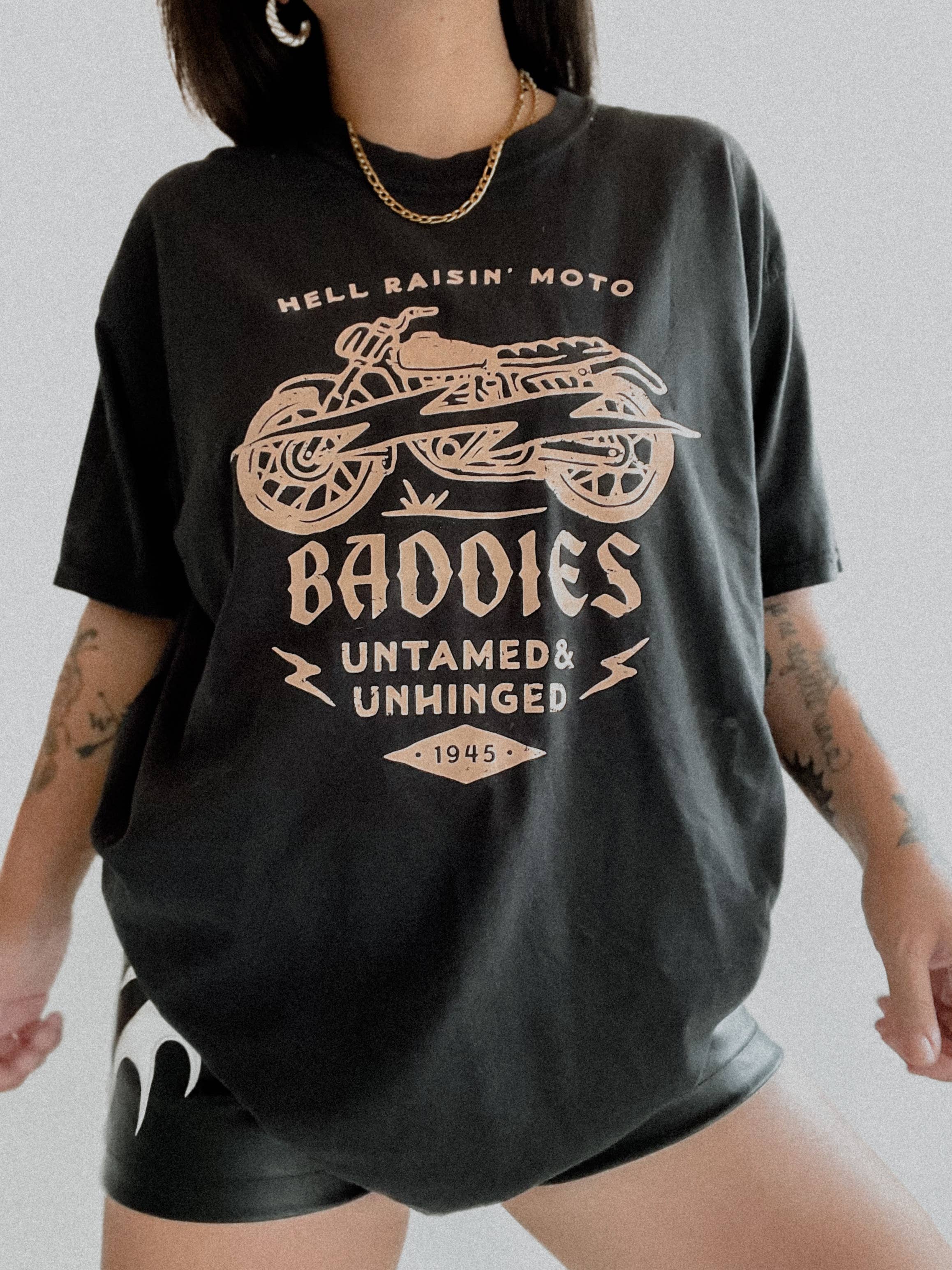 Hell Raisin' Moto Baddies Grunge Womens Graphic Tee - Black Hoodie, Sweatshirt | PodTeesHub.com