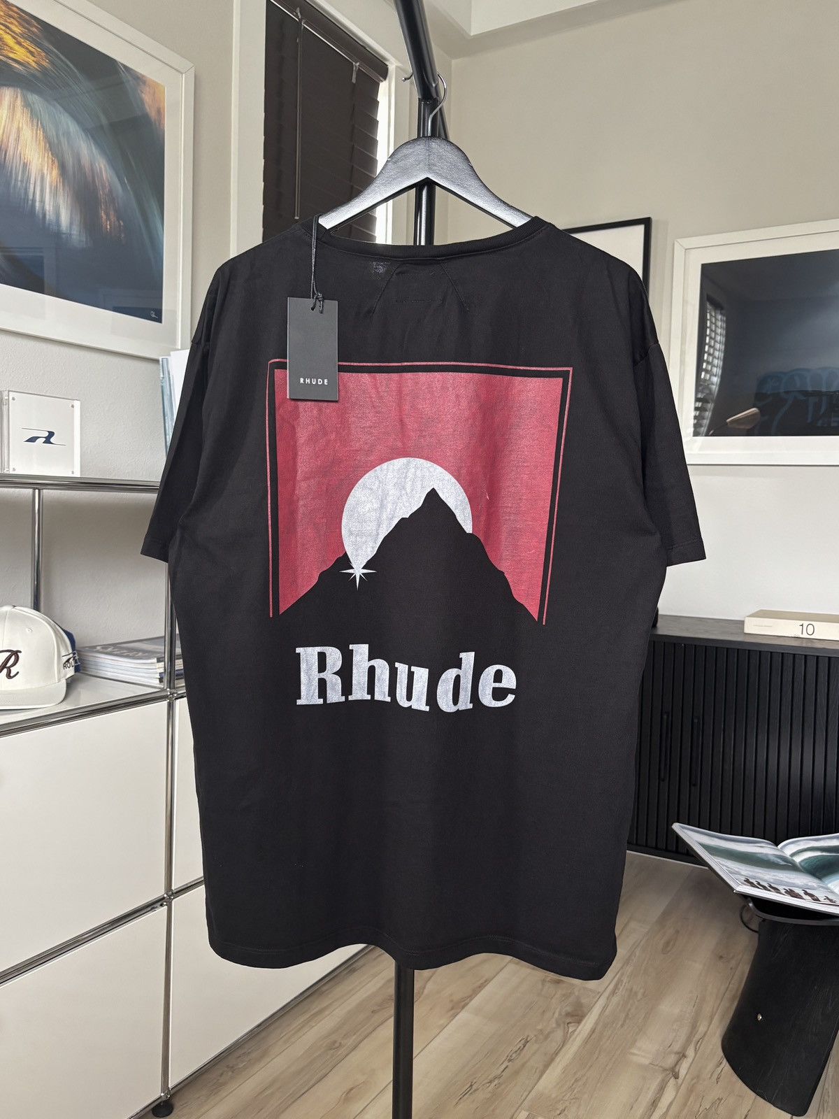 Rhude New Red Black Moonlight Graphic Tee Hoodie, Sweatshirt | PodTeesHub.com