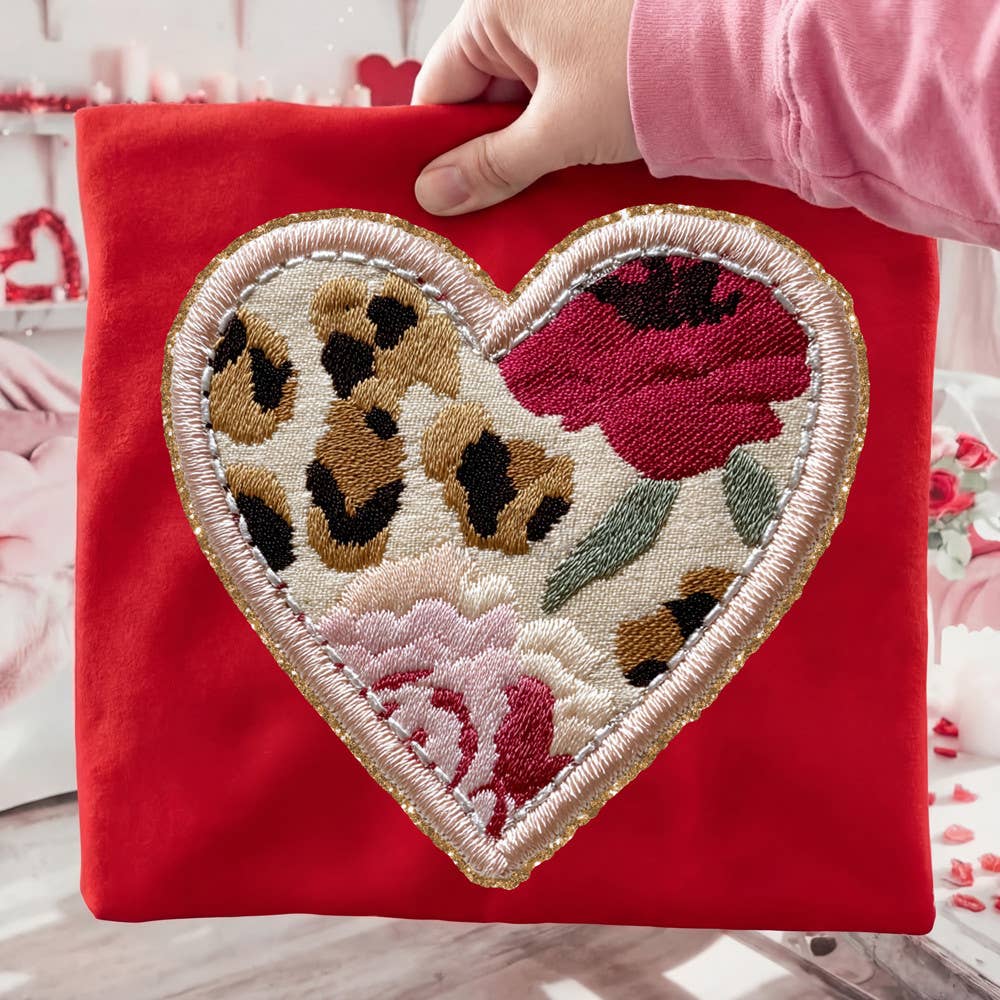 Faux Embroidered Floral Leopard Heart Tee Hoodie, Sweatshirt | PodTeesHub.com