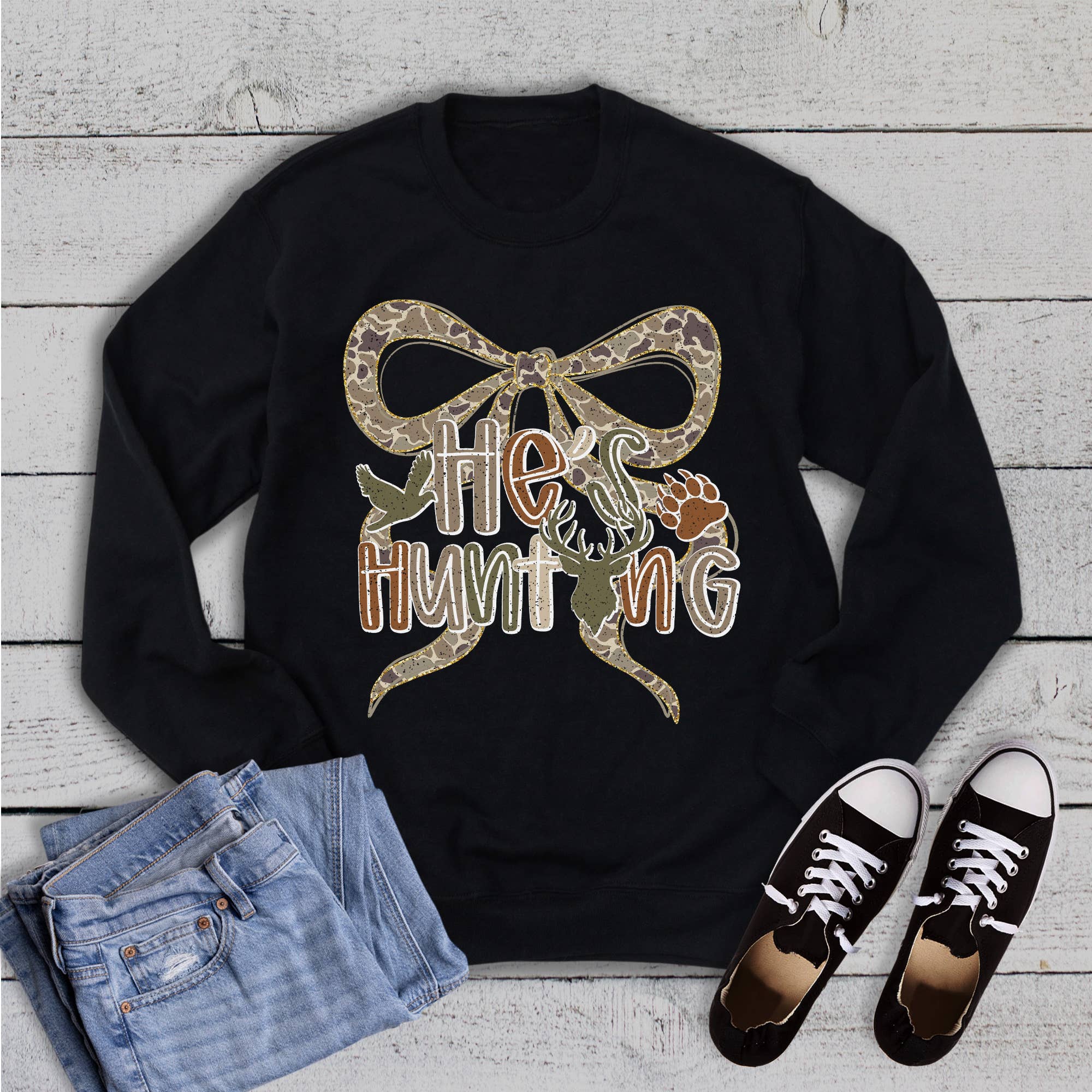 Coquette Camo Wife He's Hunting Sweatshirt T-Shirts, Hoodie | PodTeesHub.com