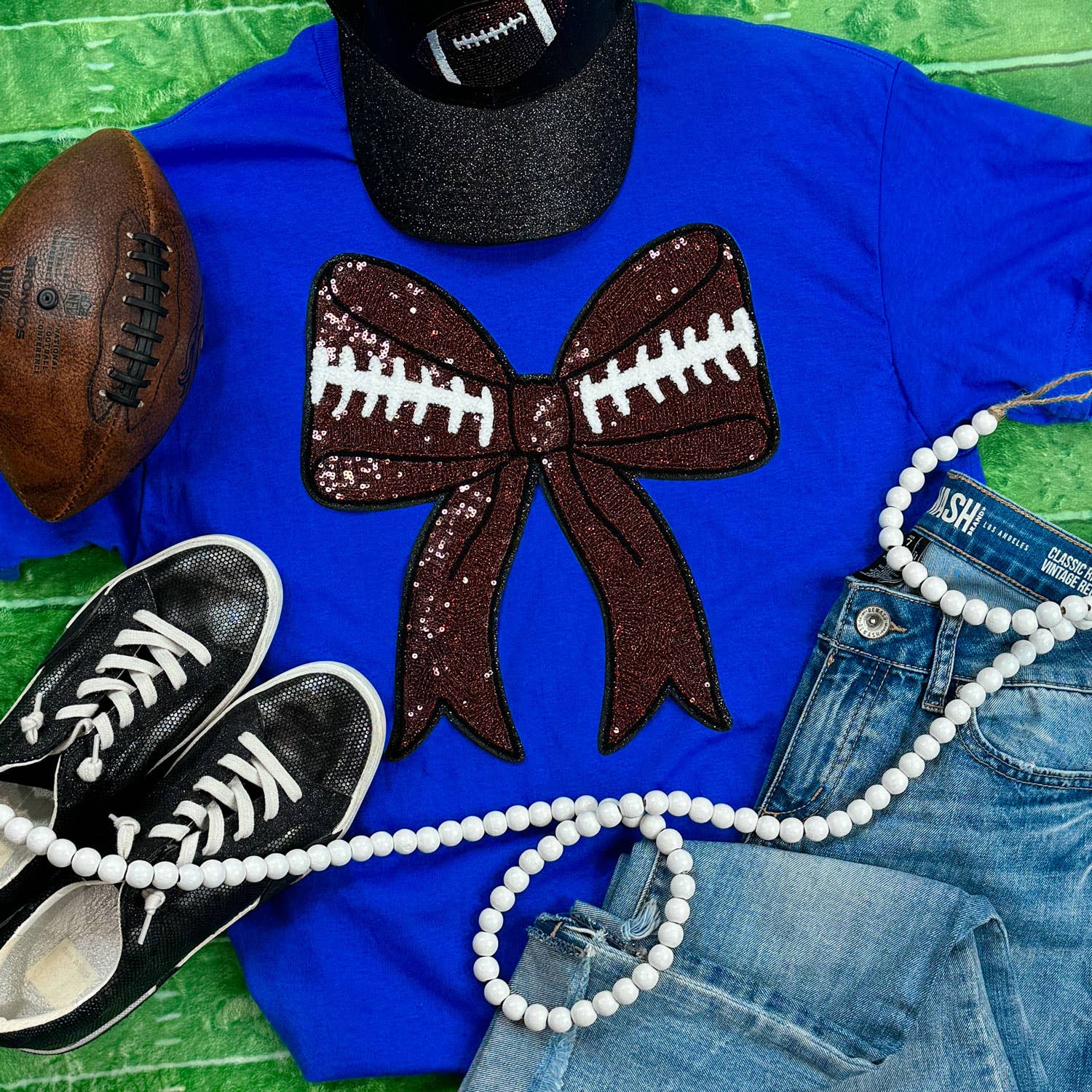Sequins Football Bow Patch Royal Everyday Tee Hoodie, Sweatshirt | PodTeesHub.com