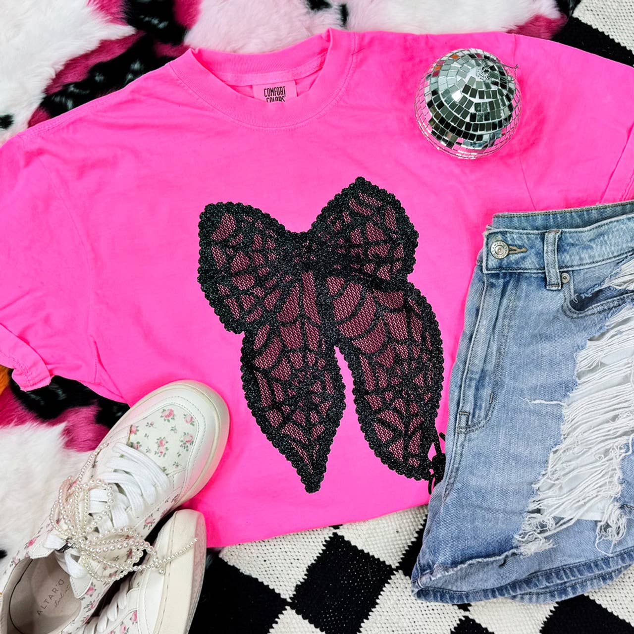 Lacey Black Glitter Spiderweb Bow Tee Hoodie, Sweatshirt | PodTeesHub.com