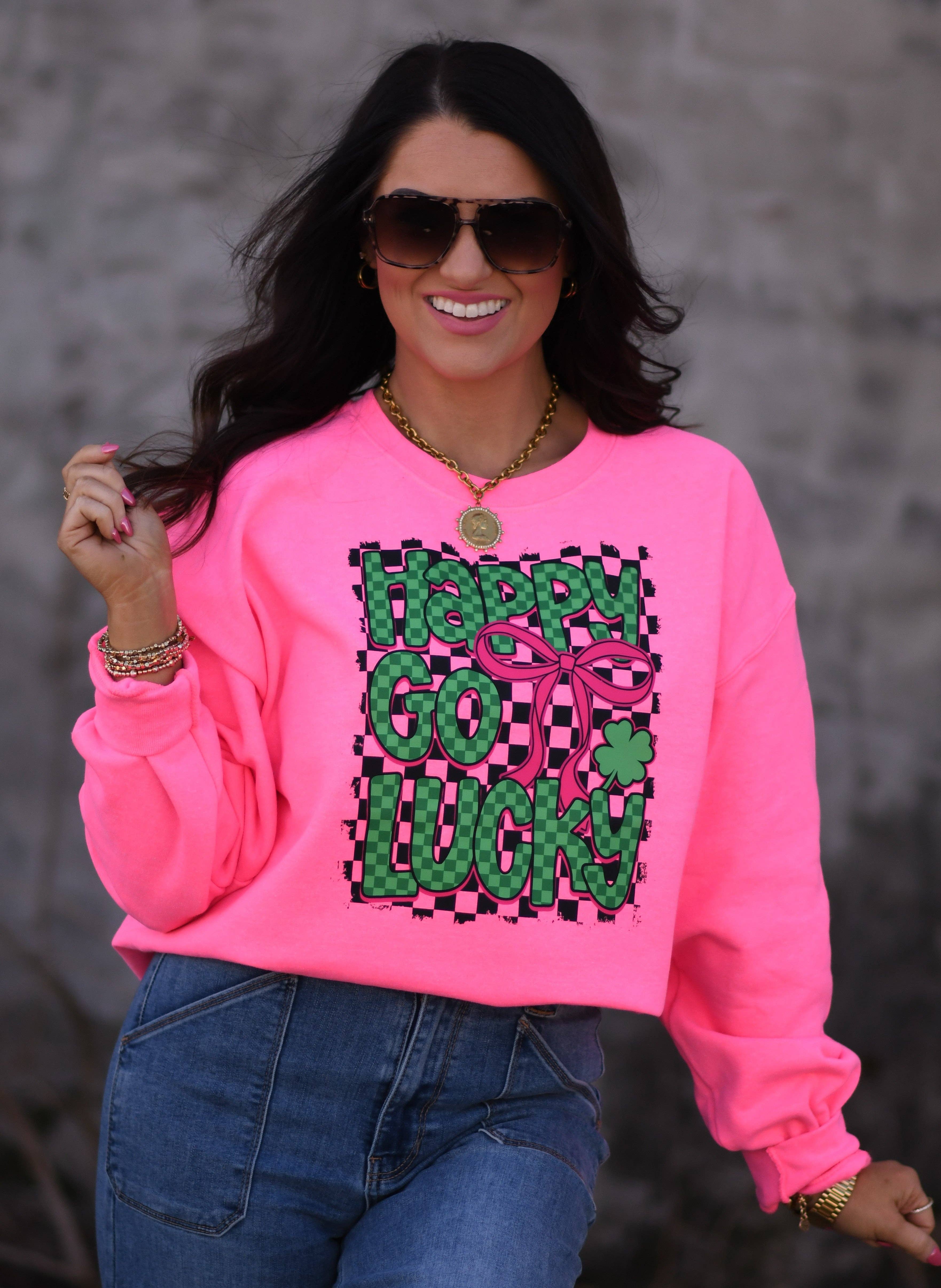 Happy Go Lucky Checkered Sweatshirt T-Shirts, Hoodie | PodTeesHub.com