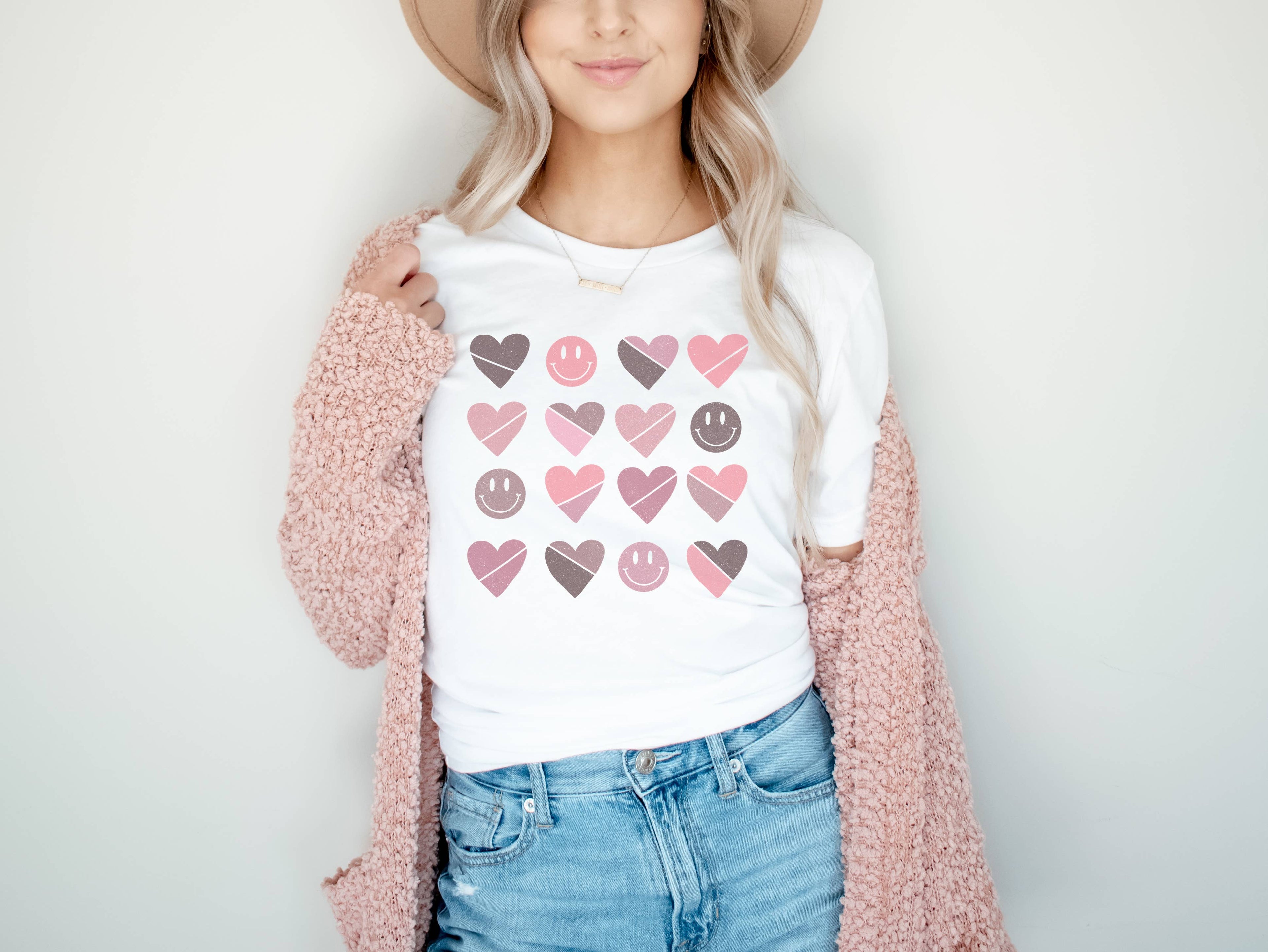 Hearts Happy Face Grid Valentine Tee Hoodie, Sweatshirt | PodTeesHub.com