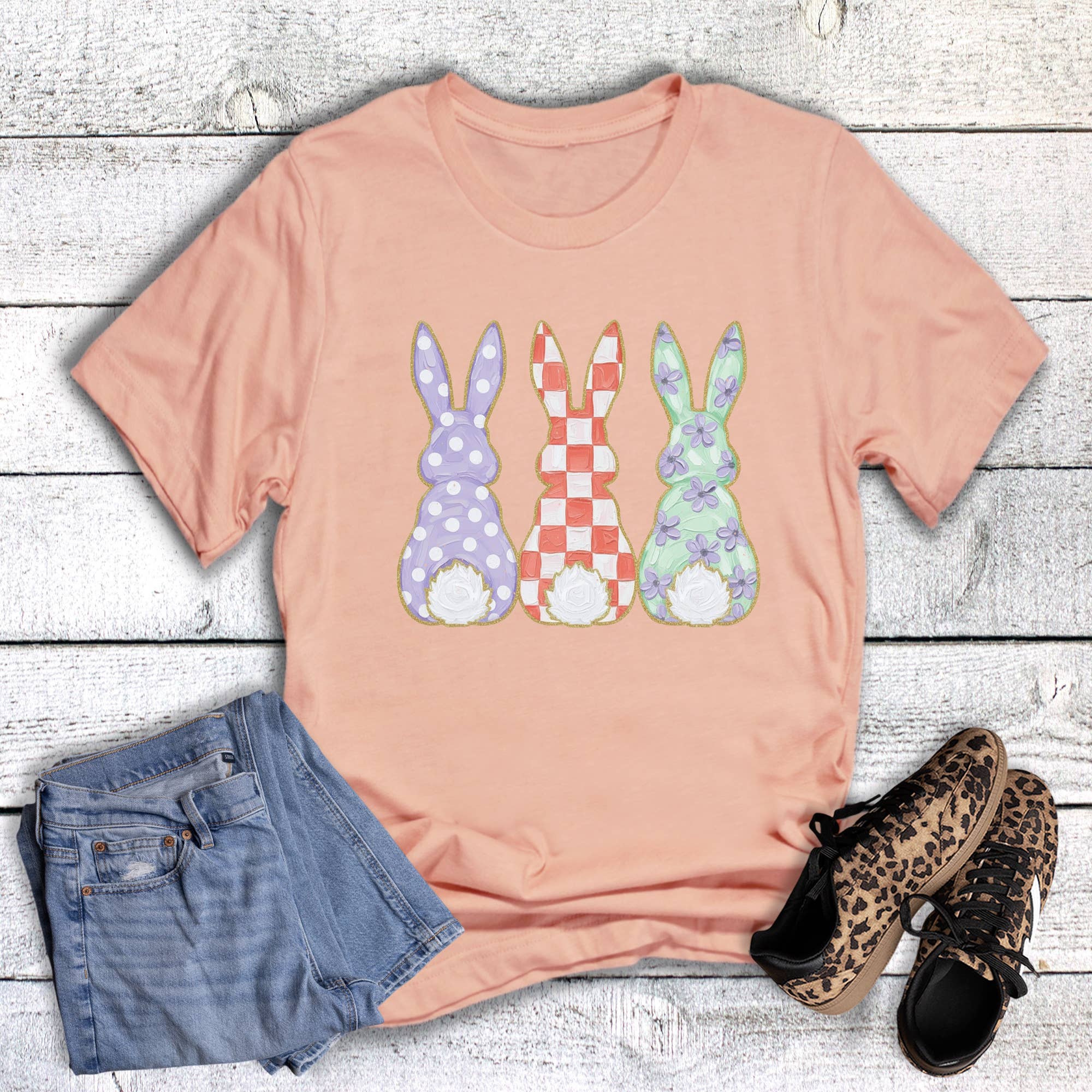 Easter Faux Painted Check Bunnies Graphic Tee Hoodie, Sweatshirt | PodTeesHub.com