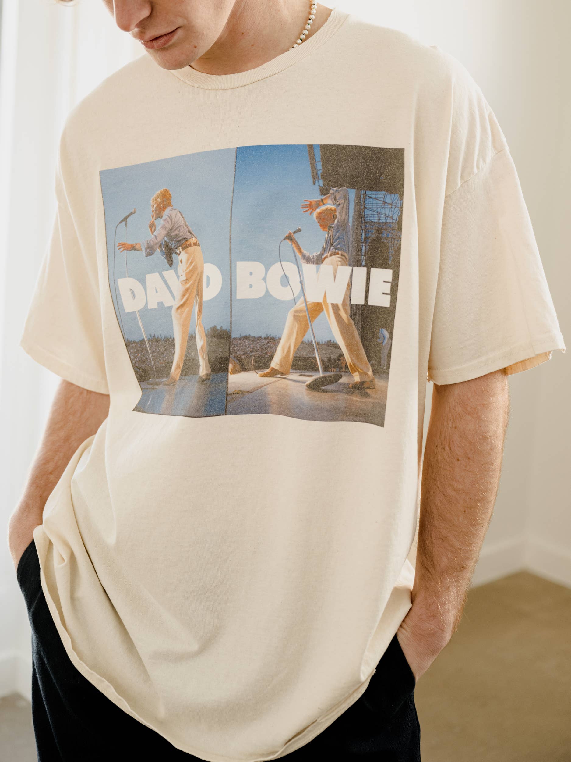 David Bowie 1983 Tour Off White Thrifted Graphic Tee Hoodie, Sweatshirt | PodTeesHub.com