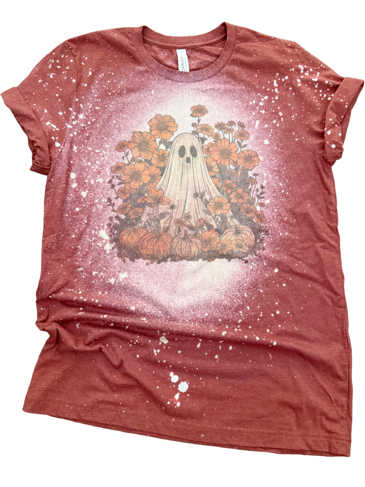 Fall Floral + Pumpkin Ghost Halloween Bleached Tee Hoodie, Sweatshirt | PodTeesHub.com