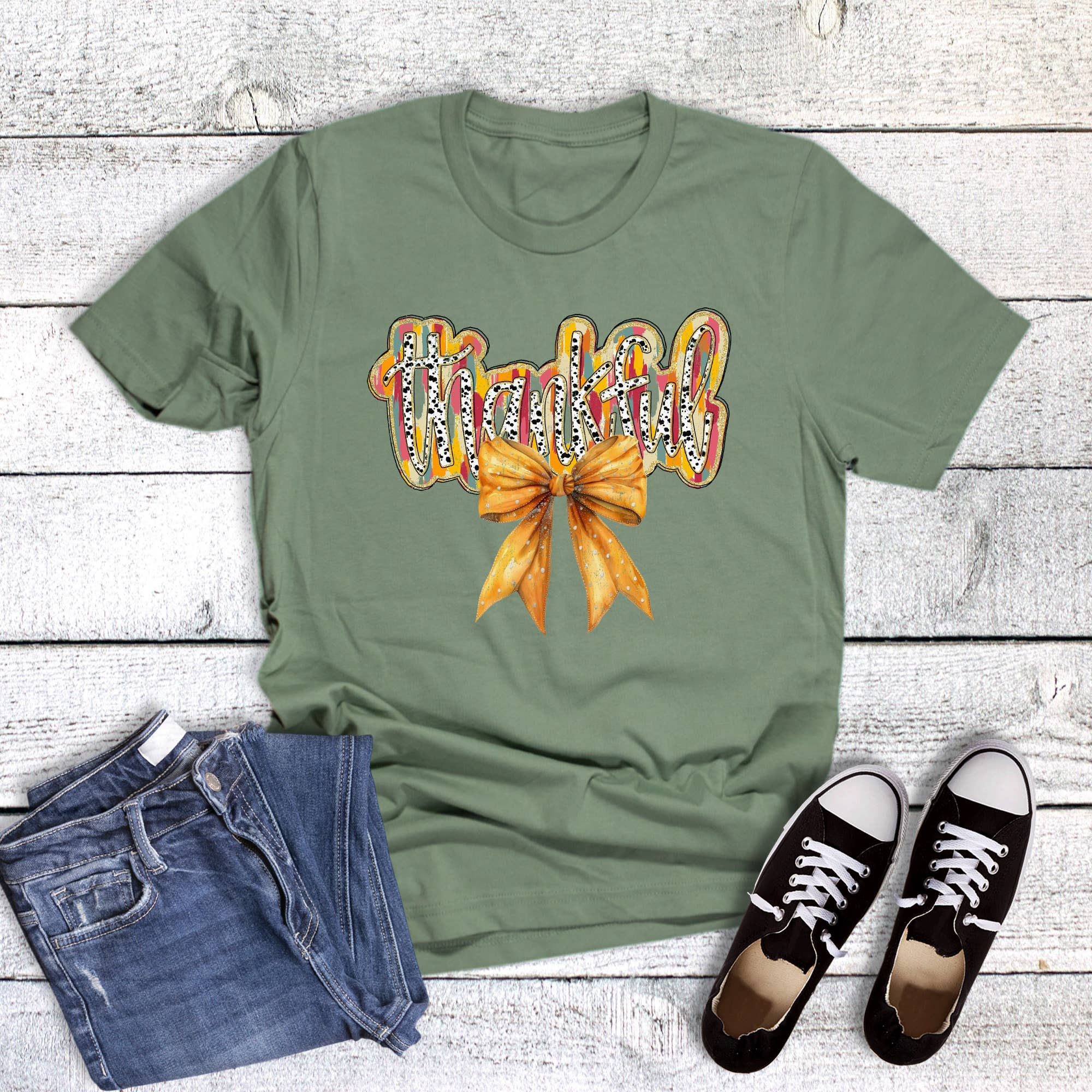 Boho Colorful Thanksgiving Grateful Coquette Bow Tee Hoodie, Sweatshirt | PodTeesHub.com