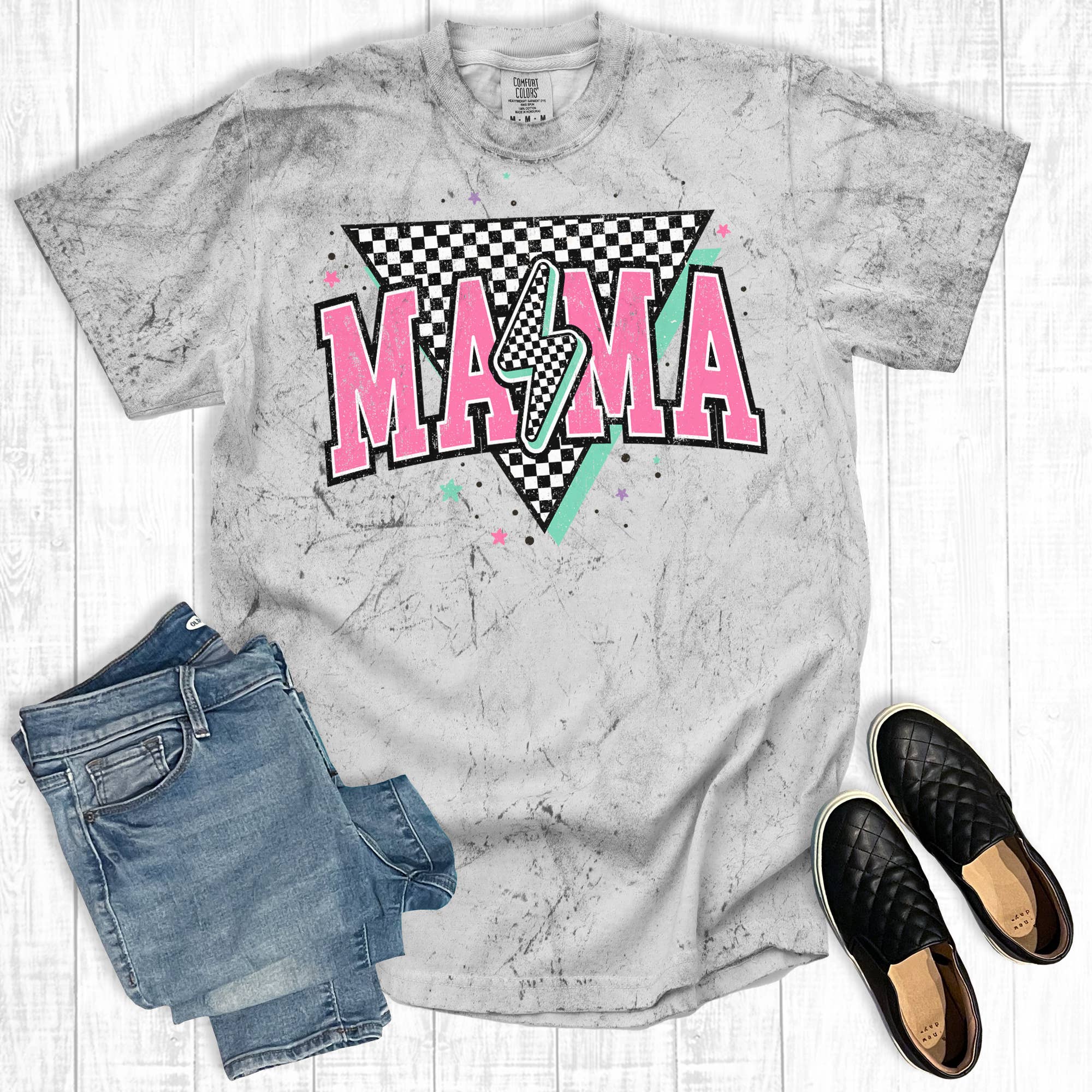 Checkered Mama Lightning Bolt Comfort Colors Graphic Tee Hoodie, Sweatshirt | PodTeesHub.com