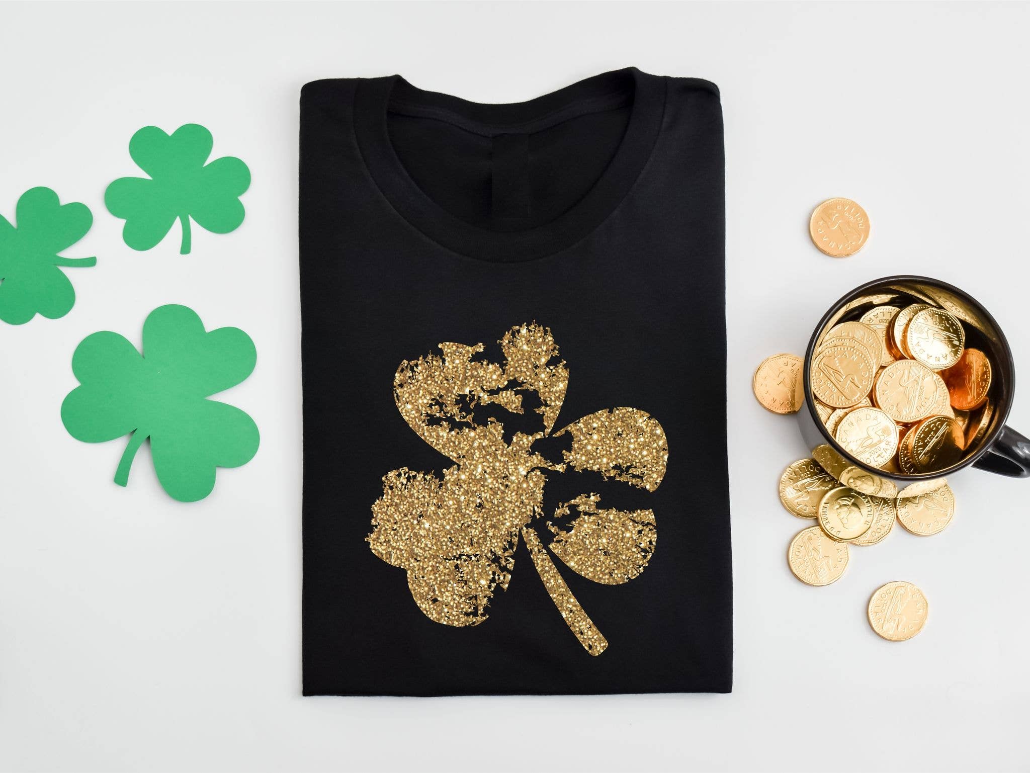 New St Patty Gold Glitter Shamrock Black Spring Graphic Tee Hoodie, Sweatshirt | PodTeesHub.com