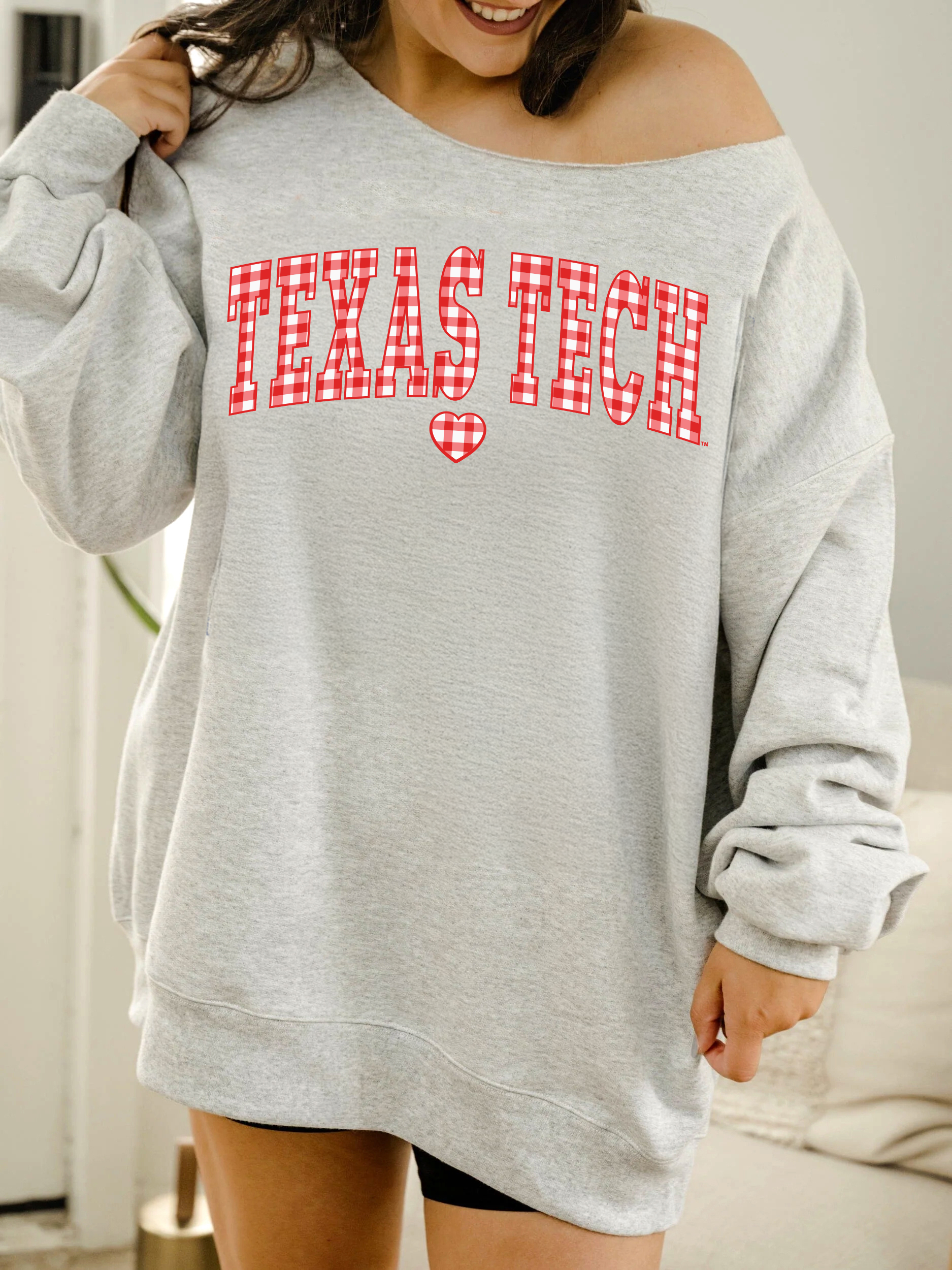 Texas Tech Gingham Heart Ash Gray Flashdance Sweatshirt T-Shirts, Hoodie | PodTeesHub.com