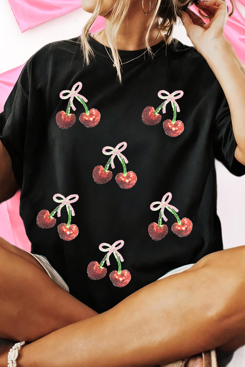 Sequin Bow Cheery Patched Valentines Graphic Tee (S-3XL) Hoodie, Sweatshirt | PodTeesHub.com