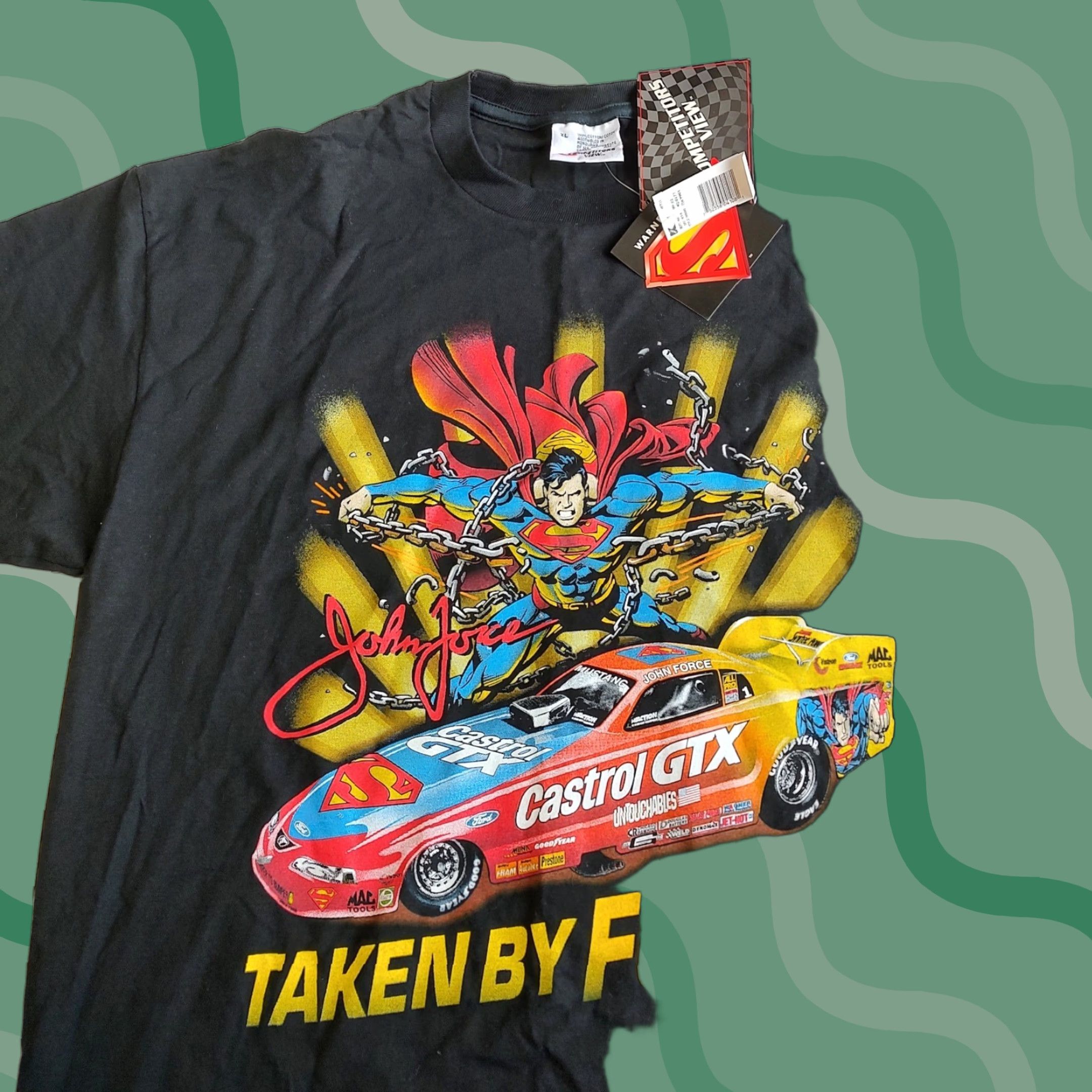 Vintage John Force Superman Dc T Shirt Mens Xl Castrol Nhra Competitors View 1990s Black Arm Hoodie, Sweatshirt