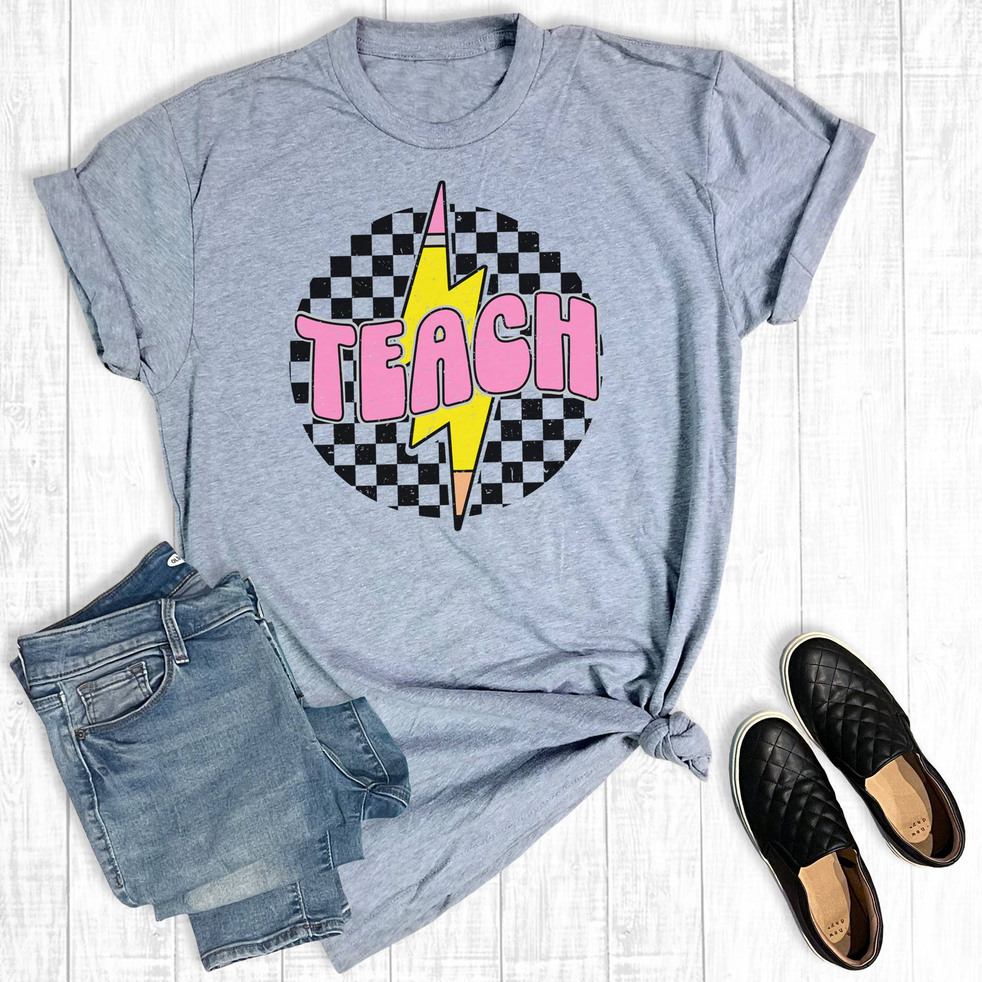 Retro Teacher Checkered Pencil Lightning Bolt Graphic Tee Hoodie, Sweatshirt | PodTeesHub.com