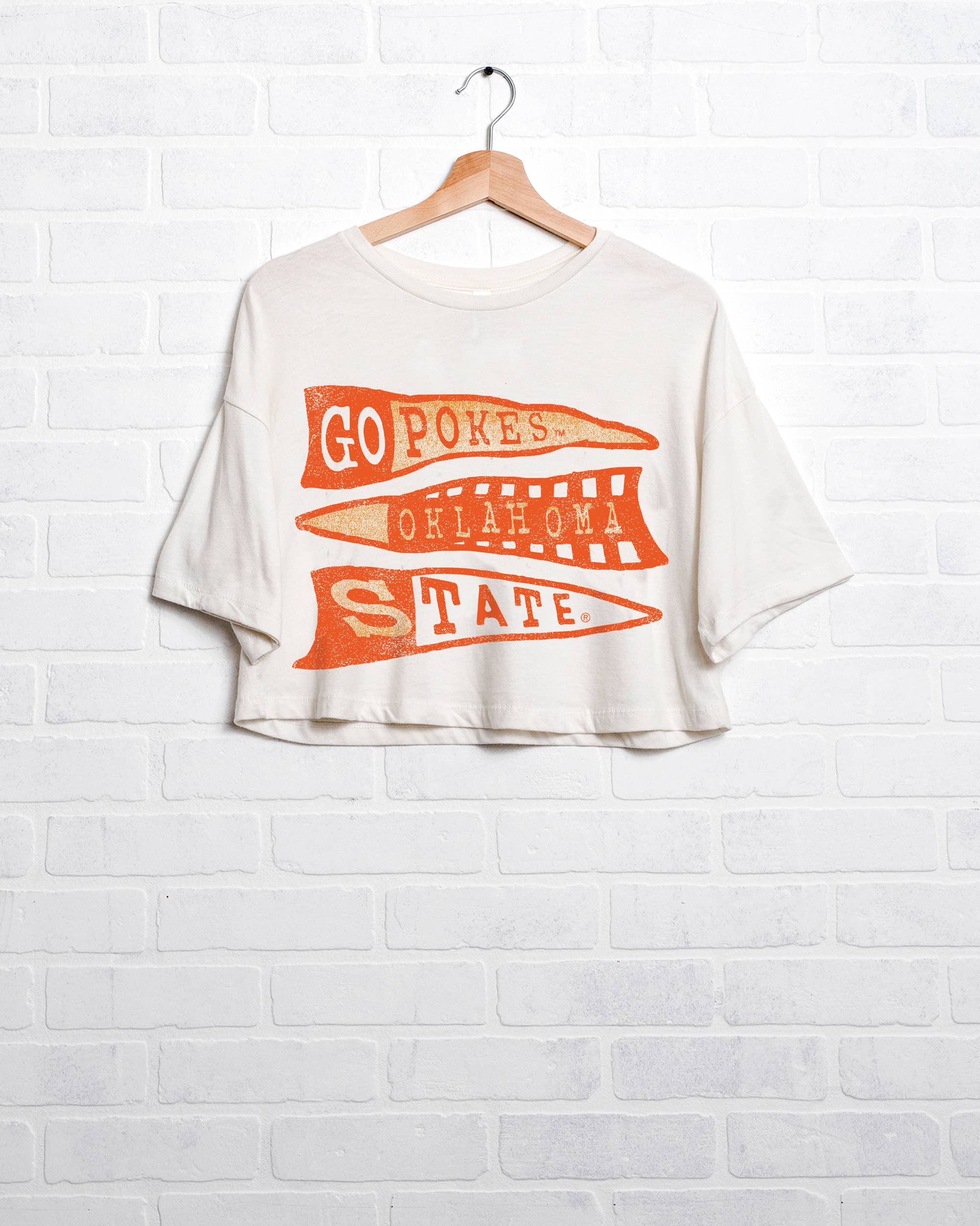 Osu Oklahoma State Cowboys Pennant Off White Cropped Tee Hoodie, Sweatshirt | PodTeesHub.com