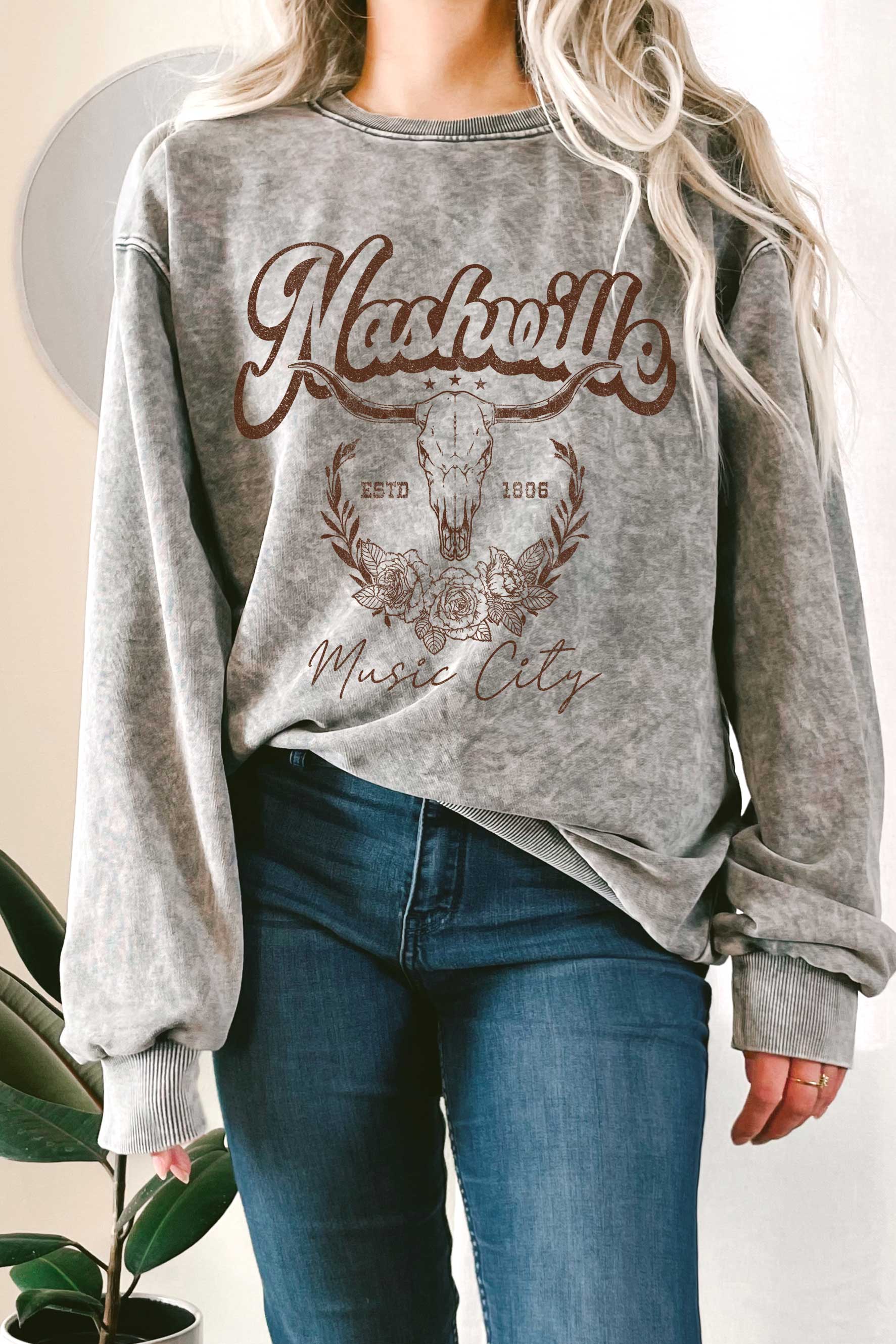 Nashville Flower Cow Skull Mineral Graphic Terry Sweatshirt T-Shirts, Hoodie | PodTeesHub.com