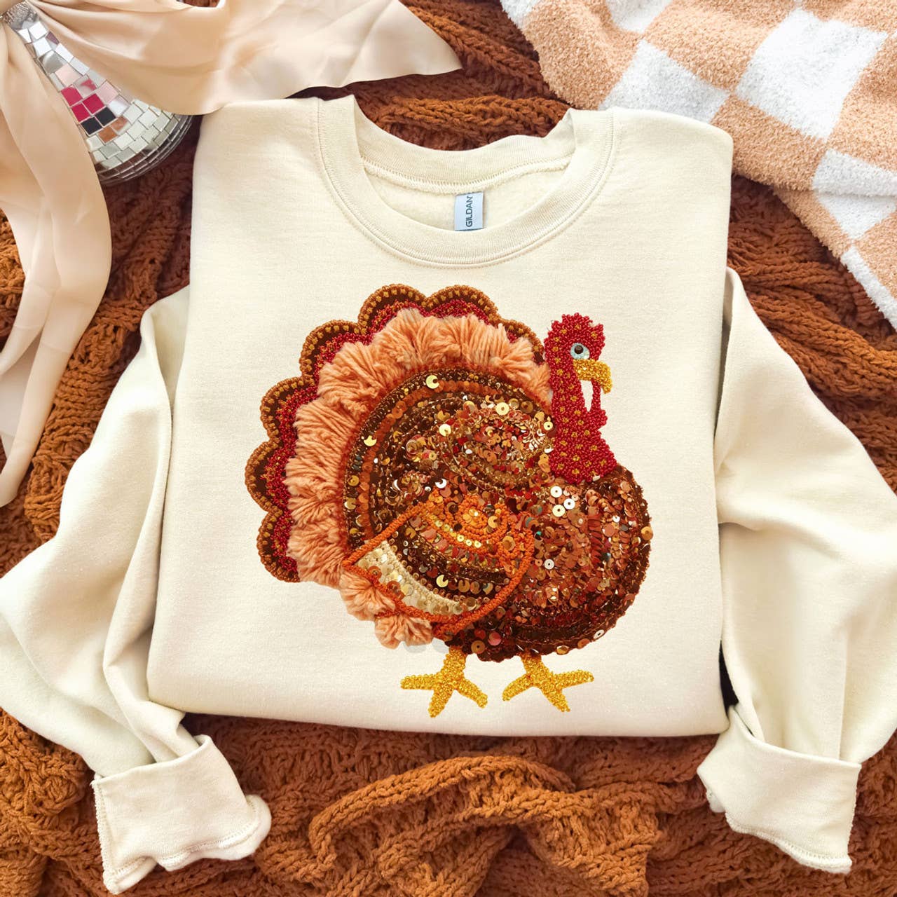 Faux Yarn & Sequin Turkey Sweatshirt T-Shirts, Hoodie | PodTeesHub.com