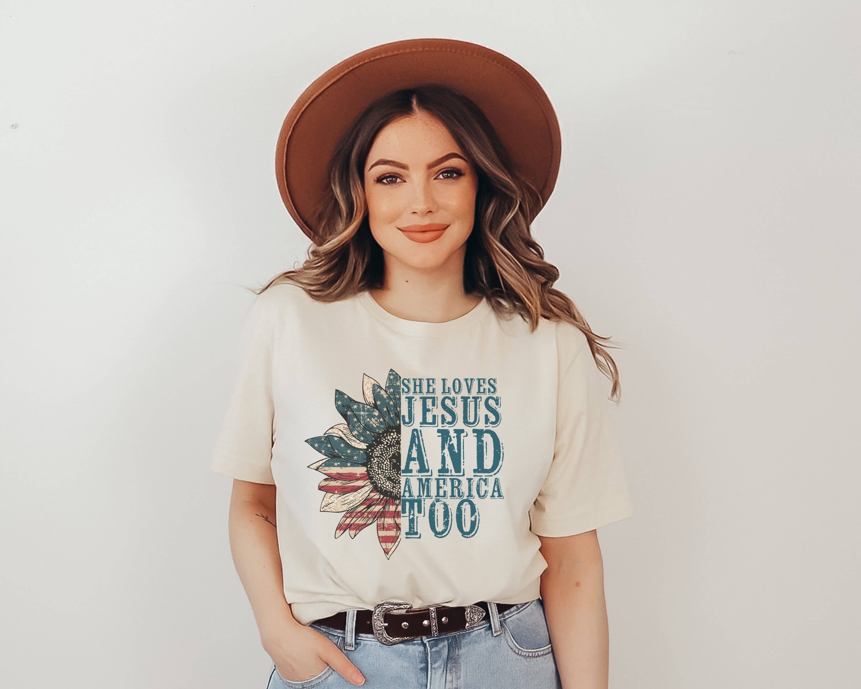 She Loves Jesus and America Tee | Patriotic T Shirt Hoodie, Sweatshirt | PodTeesHub.com