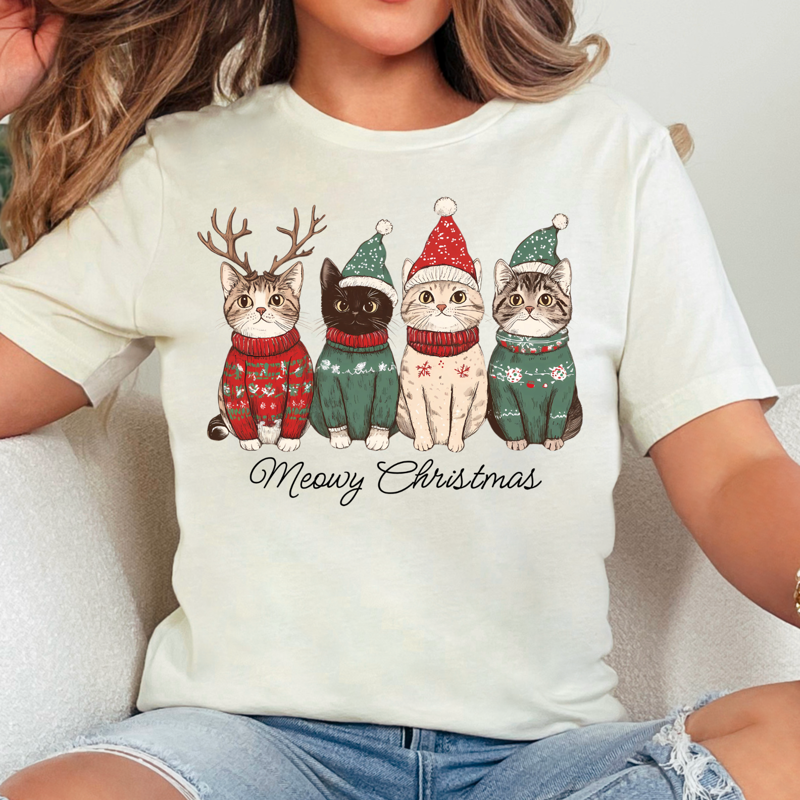 Meowy Christmas Christmas 2025 Graphic Tee | Bella Canvas Hoodie, Sweatshirt | PodTeesHub.com