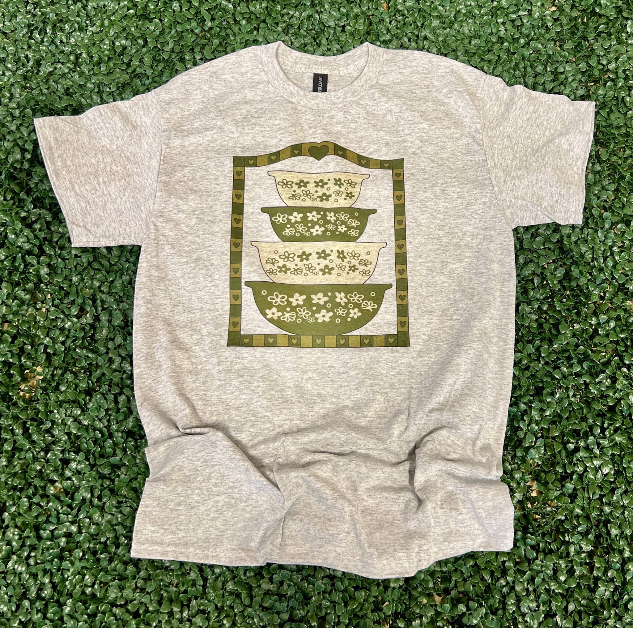 Vintage Green Nesting Bowls On Ash Gray Tee Hoodie, Sweatshirt | PodTeesHub.com