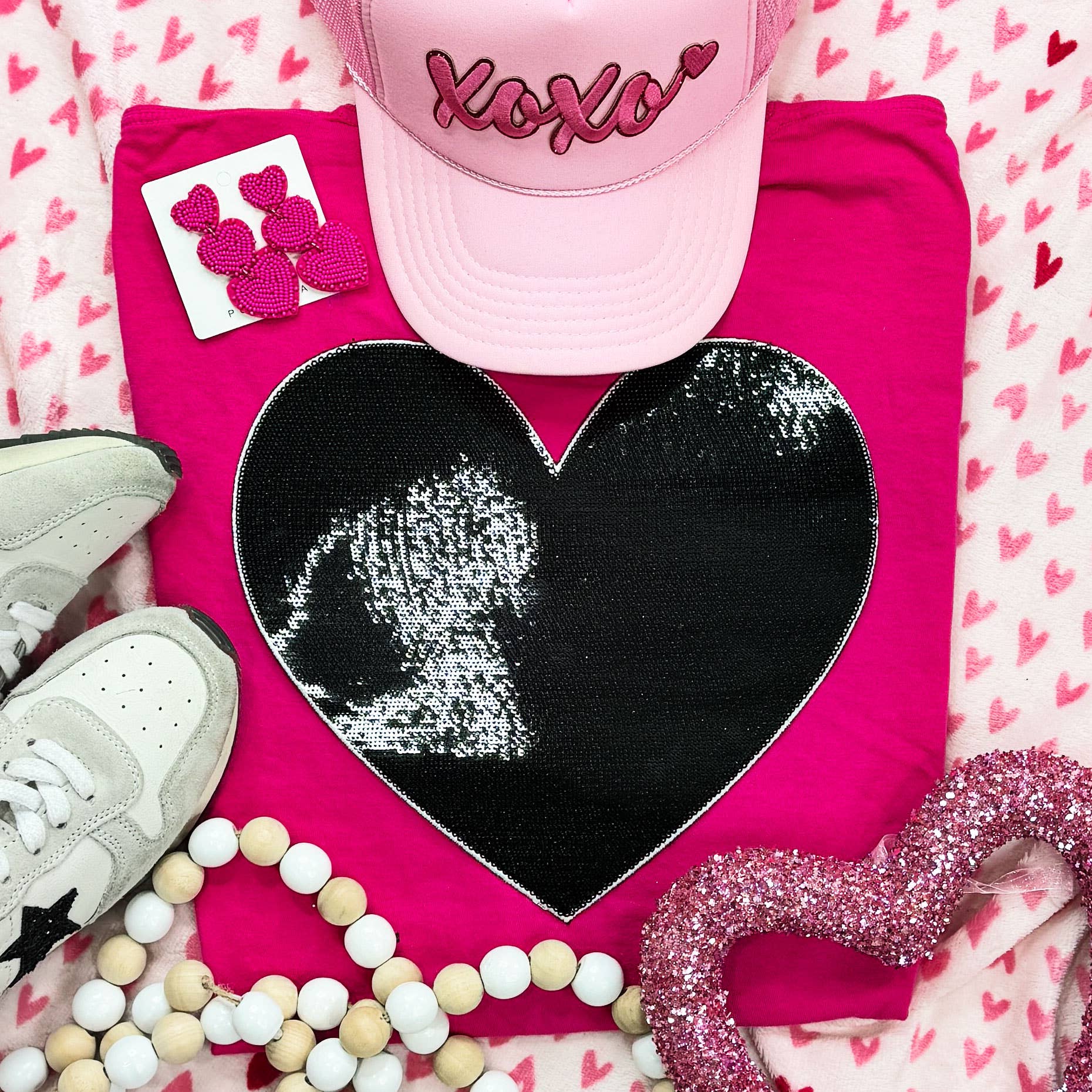 Black Sequin Heart Patch Tee Hoodie, Sweatshirt | PodTeesHub.com