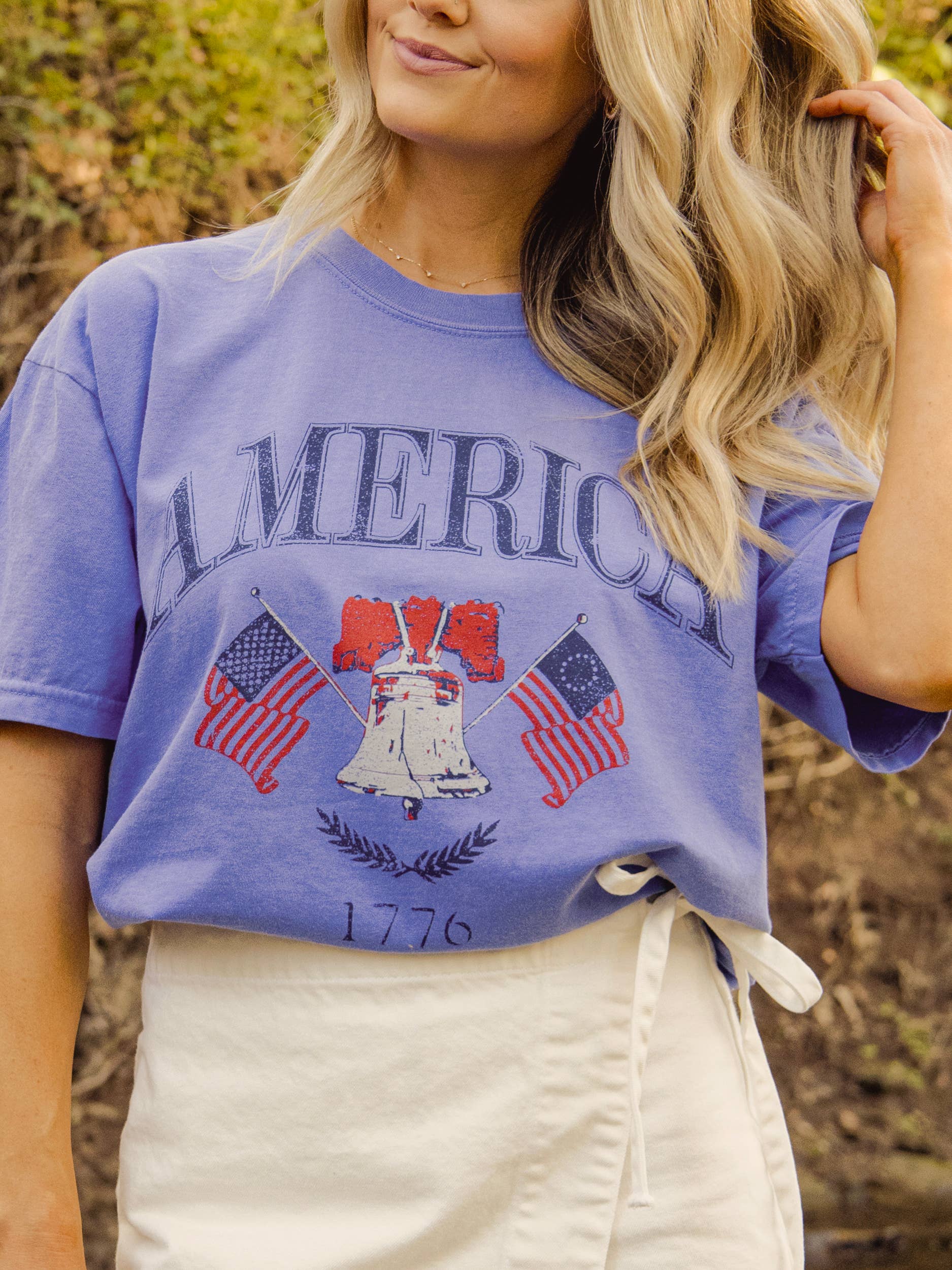 4th of July American Bell Flo Blue Comfort Colors Tee Hoodie, Sweatshirt | PodTeesHub.com