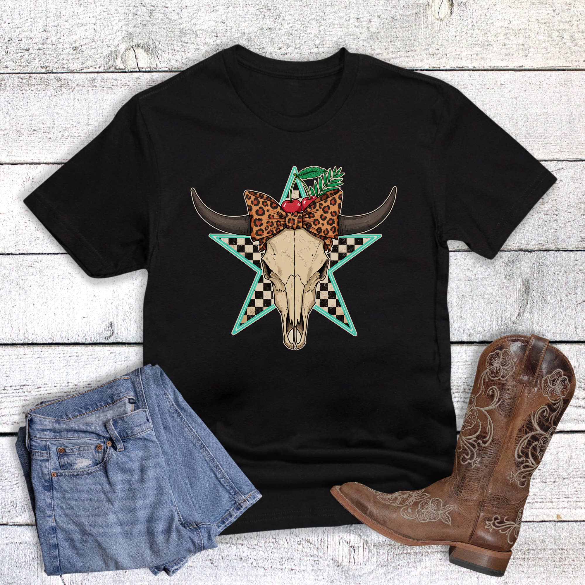Western Bow and Cherries Cow Skull Graphic Tee Hoodie, Sweatshirt | PodTeesHub.com