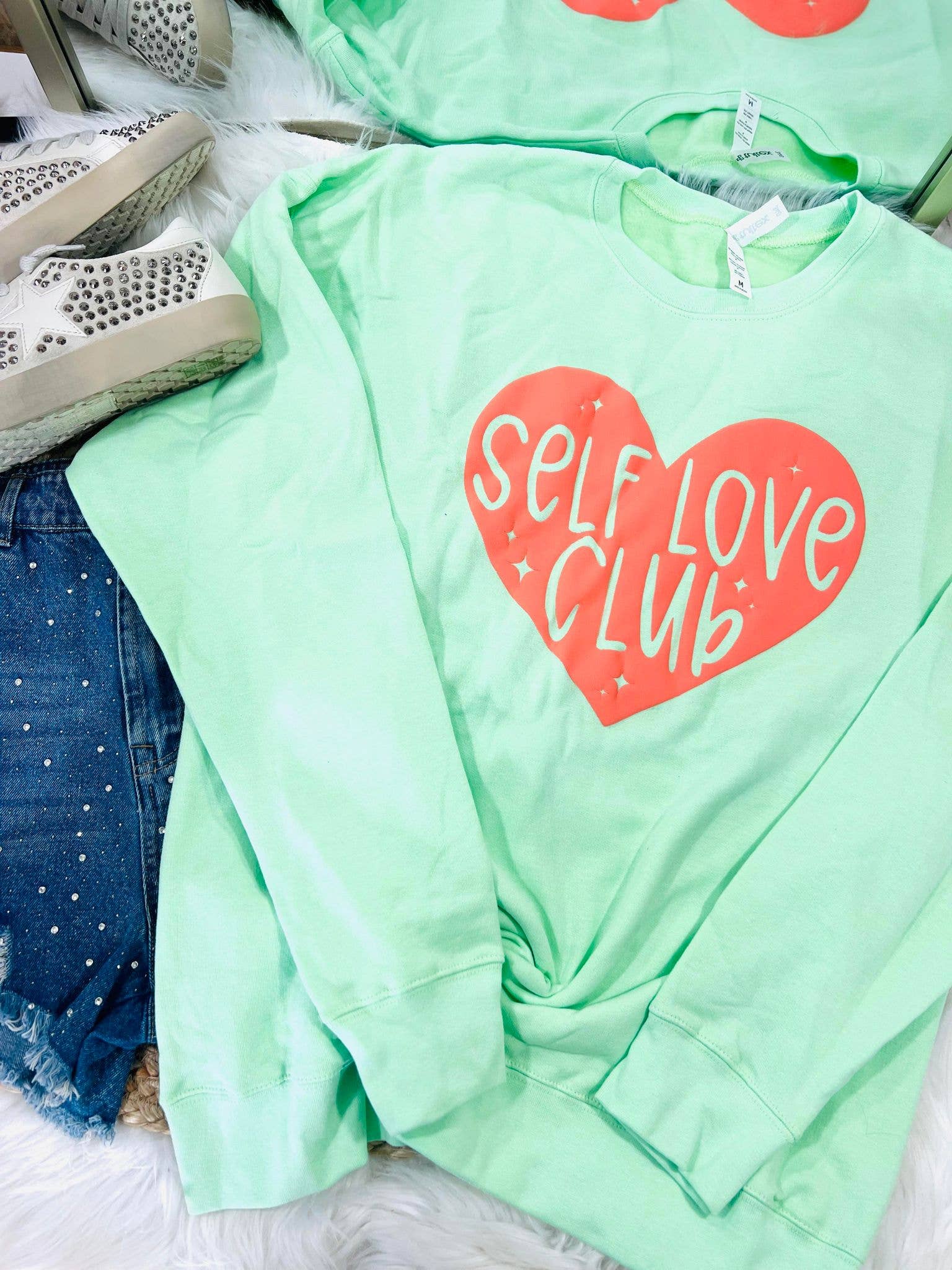 Self Love Club Sparkly Heart Puff Sweatshirt T-Shirts, Hoodie | PodTeesHub.com