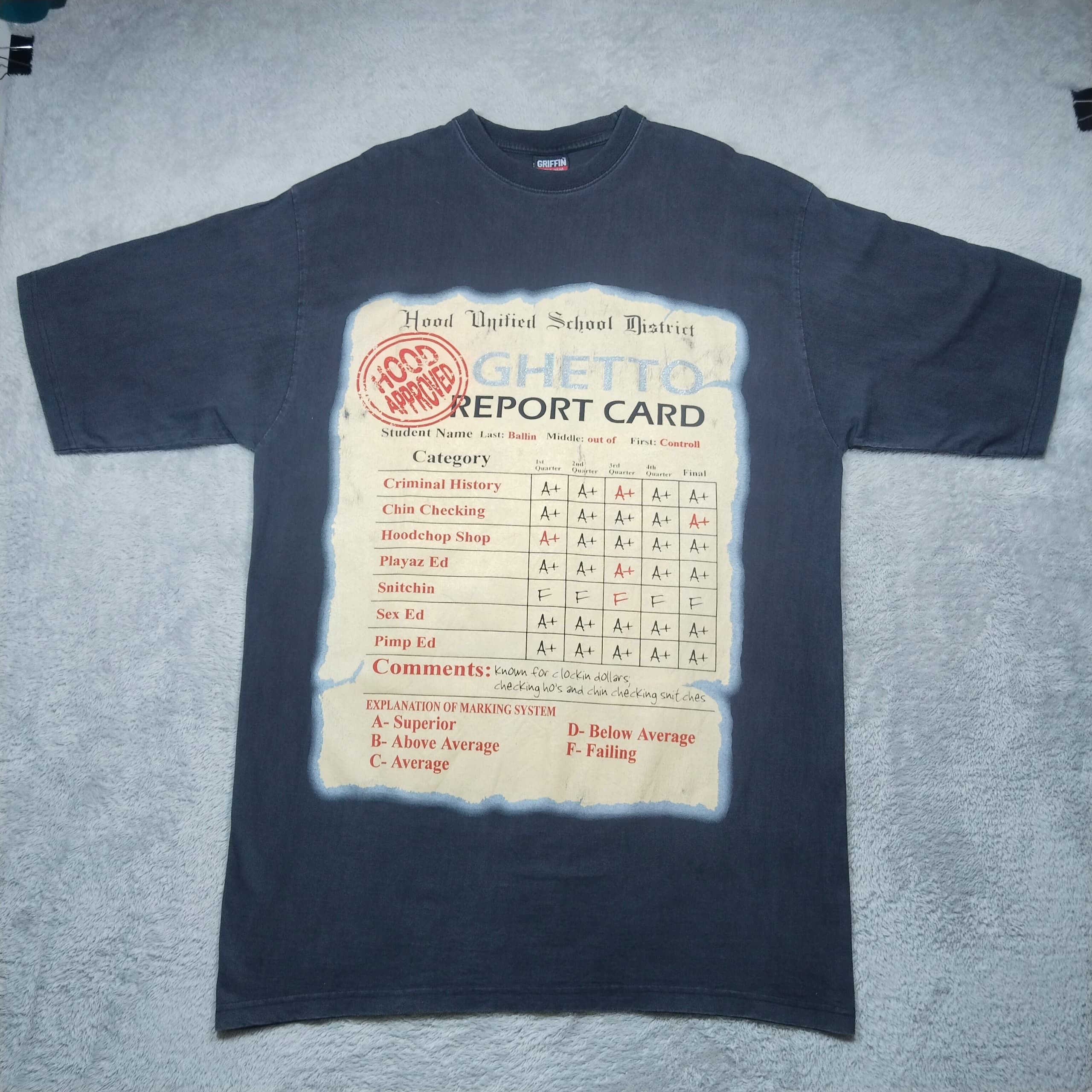 Rap Tees X Vintage Vintage Griffin Ghetto Report Card Baggy Hip Hop T Shirt Hoodie, Sweatshirt | PodTeesHub.com
