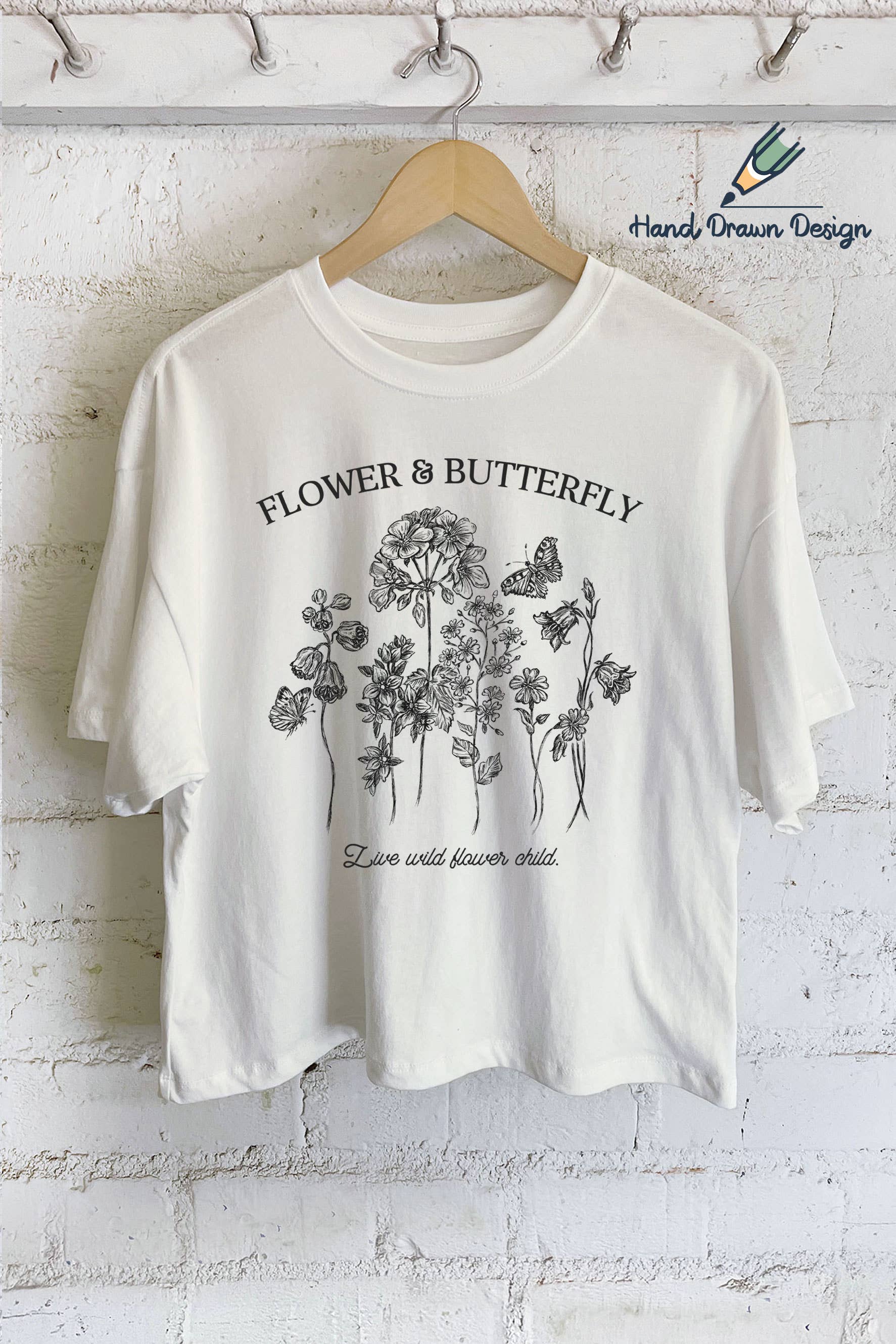 Hand Drawn Flower and Butterfly T-Shirt Hoodie, Sweatshirt | PodTeesHub.com