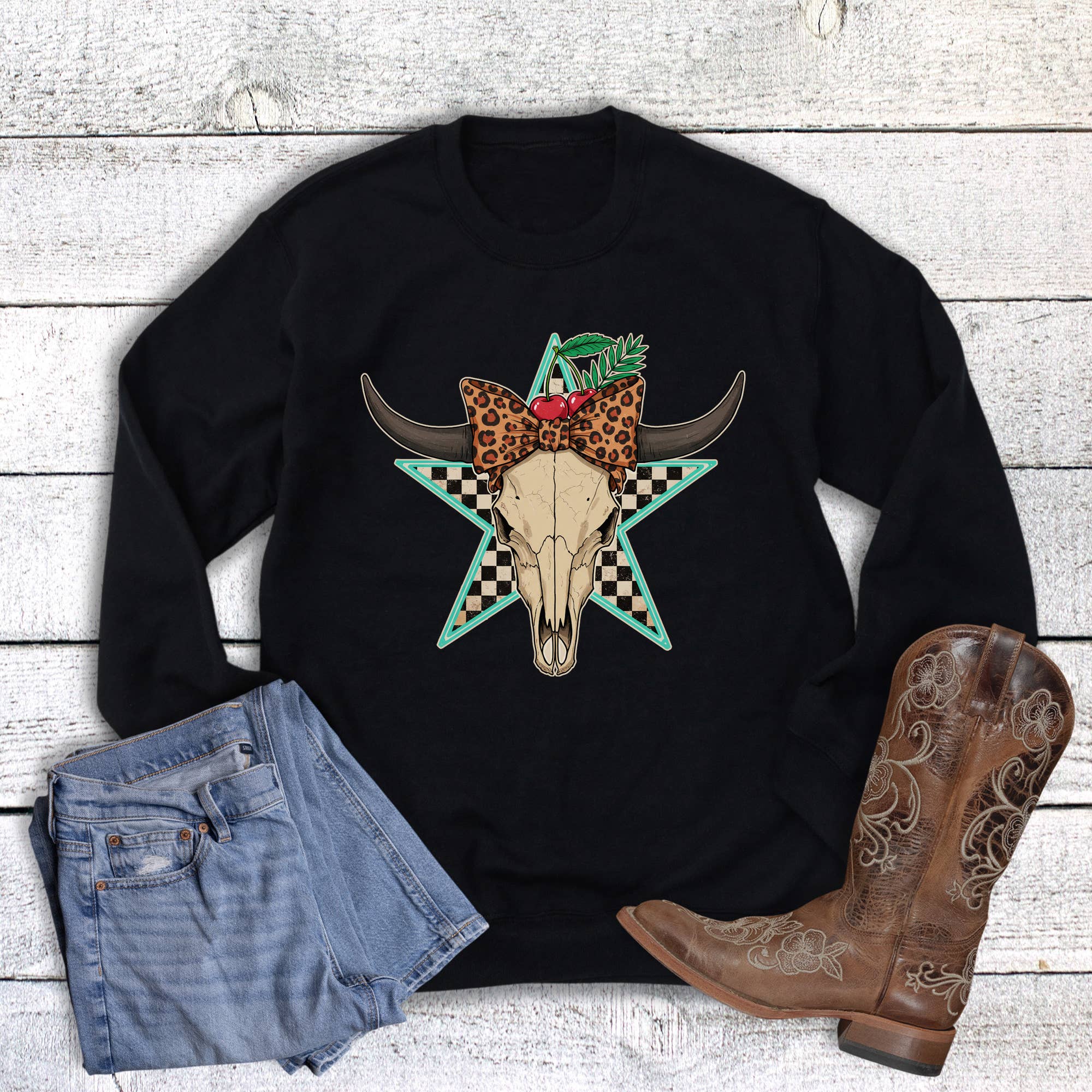 Western Bow and Cherries Cow Skull Sweatshirt T-Shirts, Hoodie | PodTeesHub.com