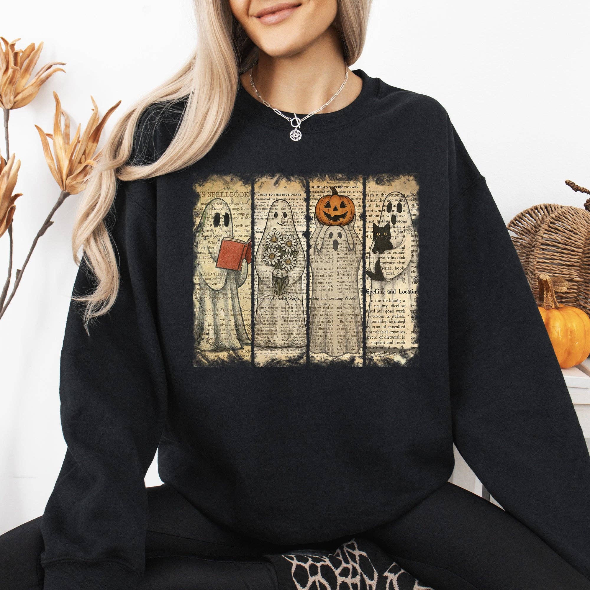 Vintage Newspaper Ghost, Halloween, Book, Cat Sweatshirt T-Shirts, Hoodie | PodTeesHub.com