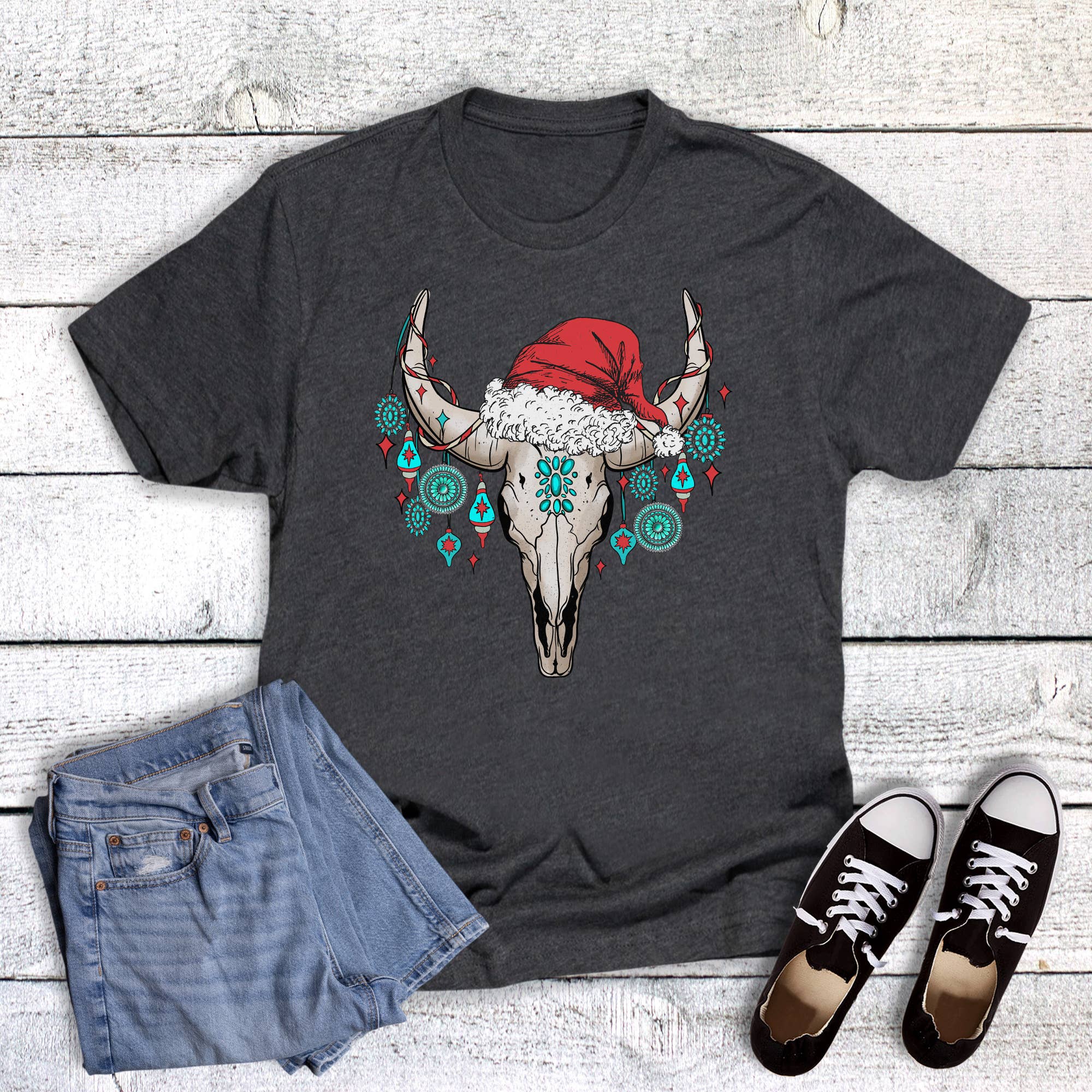 Christmas Western Cow Skull with Ornaments Graphic Tee Hoodie, Sweatshirt | PodTeesHub.com