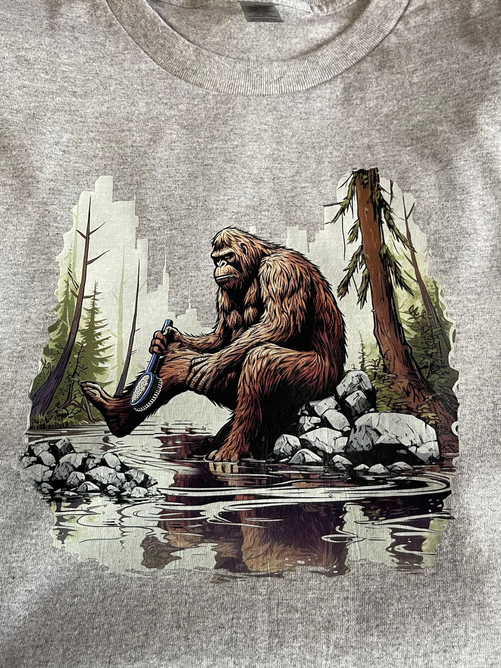 Bigfoot Bathing in Stream - Grey T-Shirt Hoodie, Sweatshirt | PodTeesHub.com