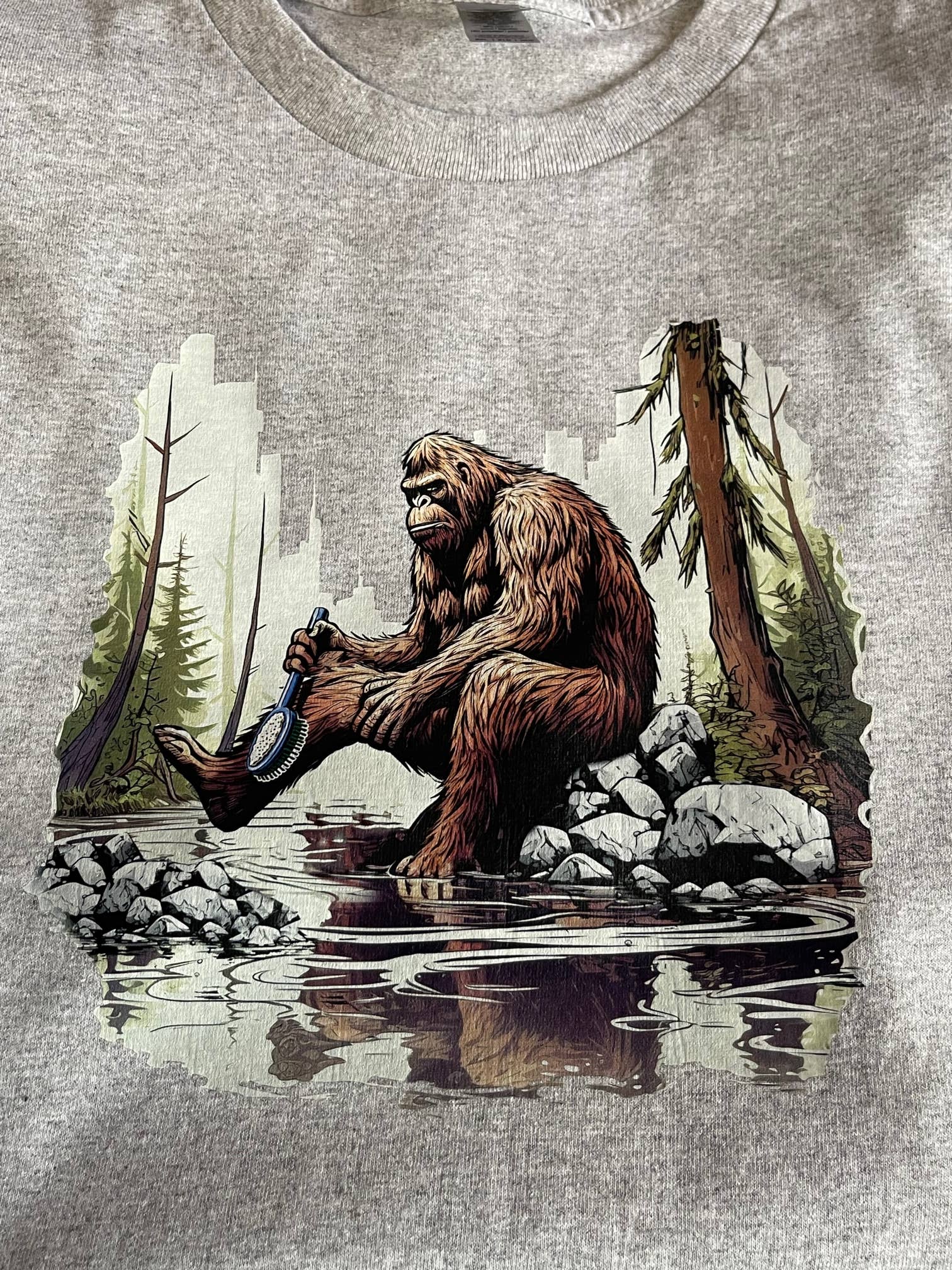 Bigfoot Bathing in Stream - Grey T-Shirt Hoodie, Sweatshirt | PodTeesHub.com