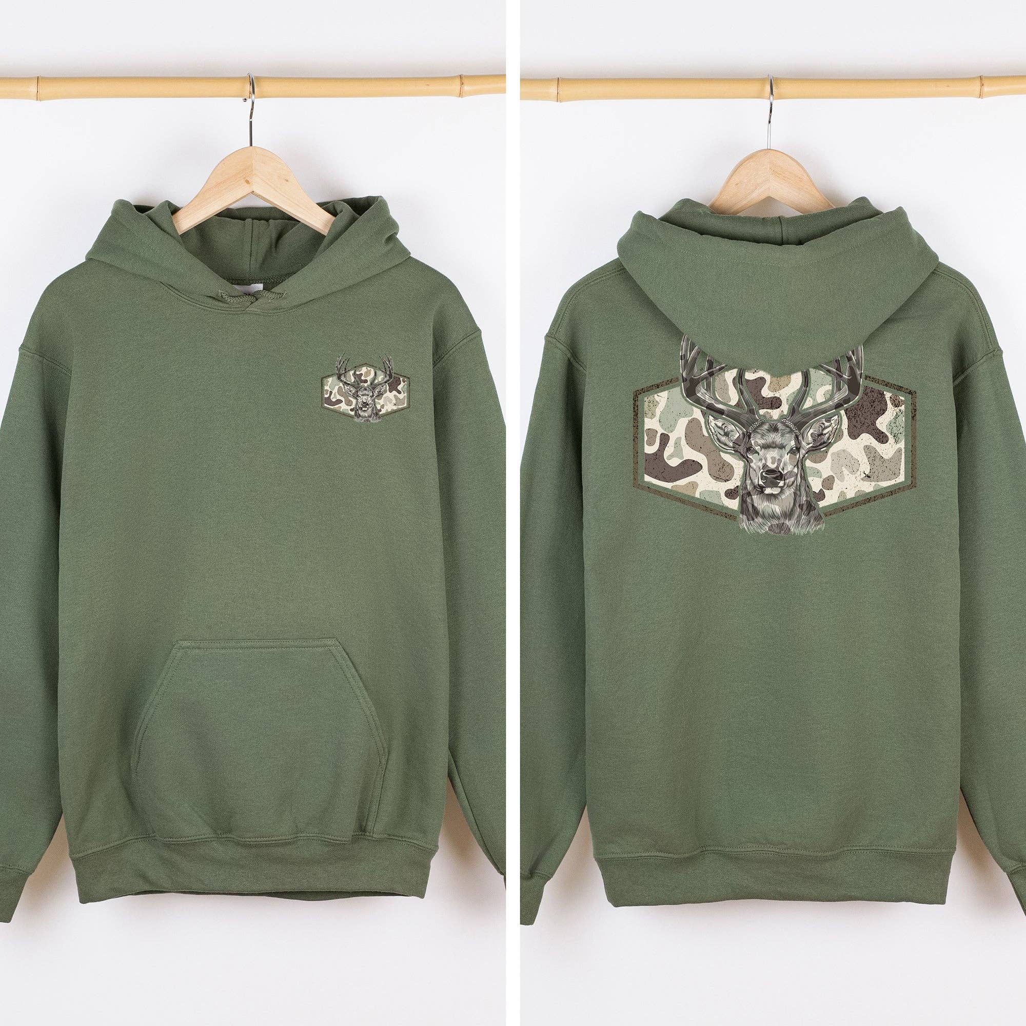 Deer Hunting, Camo Front and Back Outdoors Hooded Sweatshirt T-Shirts, Hoodie | PodTeesHub.com