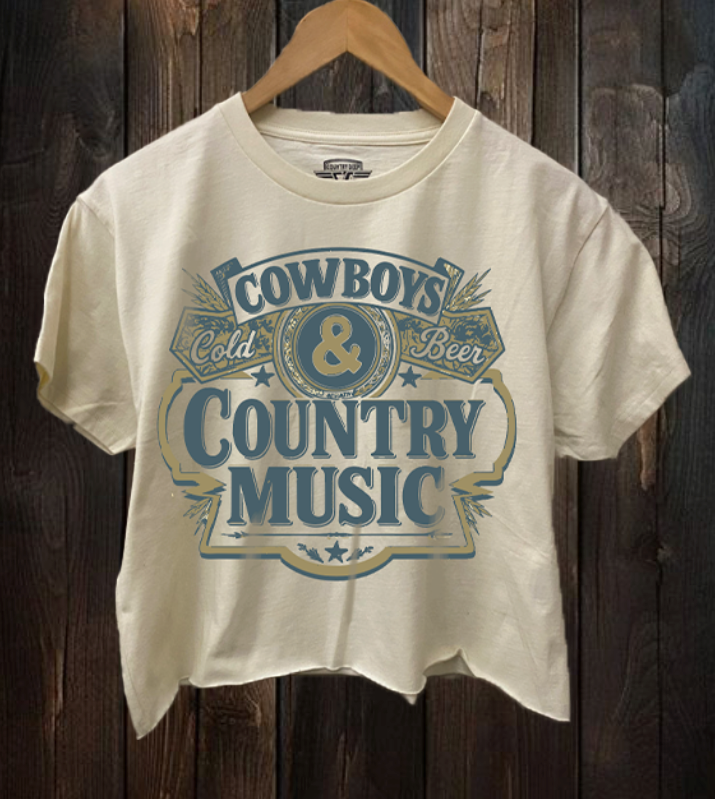 Cowboy, Cold Beer, and Country Music Relaxed Crop Tee Hoodie, Sweatshirt | PodTeesHub.com