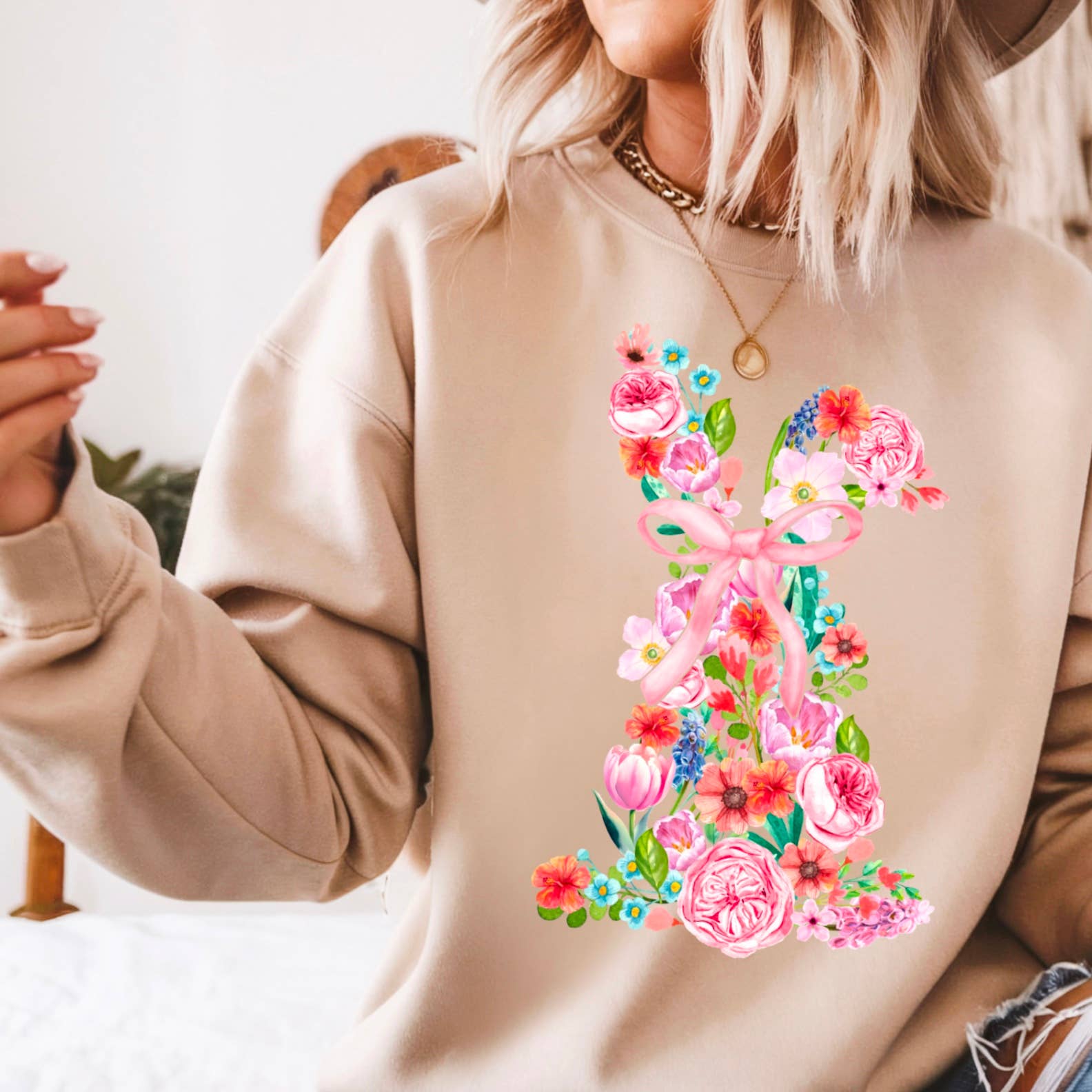 Floral Springeaster Bunny Graphic Sweatshirt T-Shirts, Hoodie | PodTeesHub.com